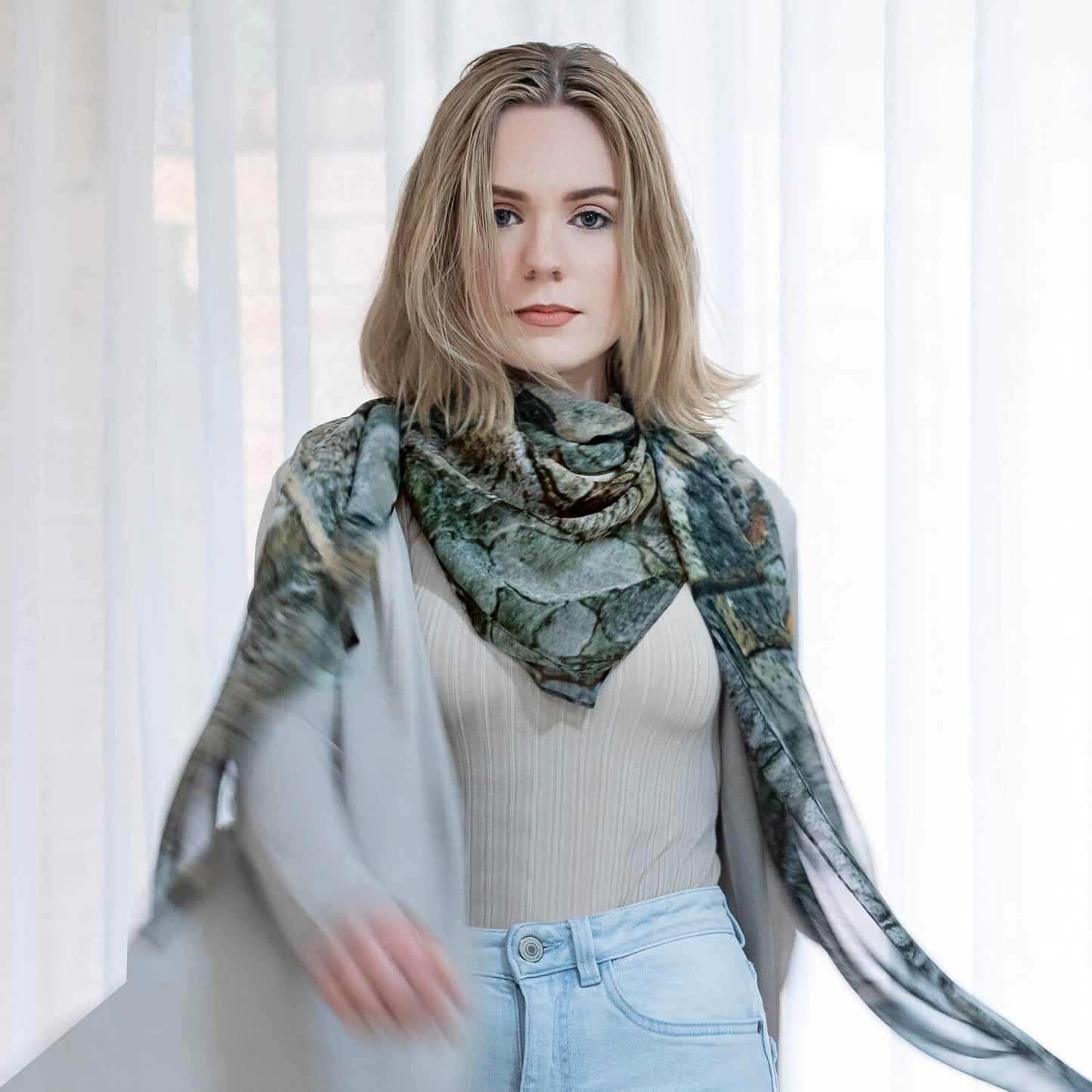 fresco square silk scarf with beige top & jeans