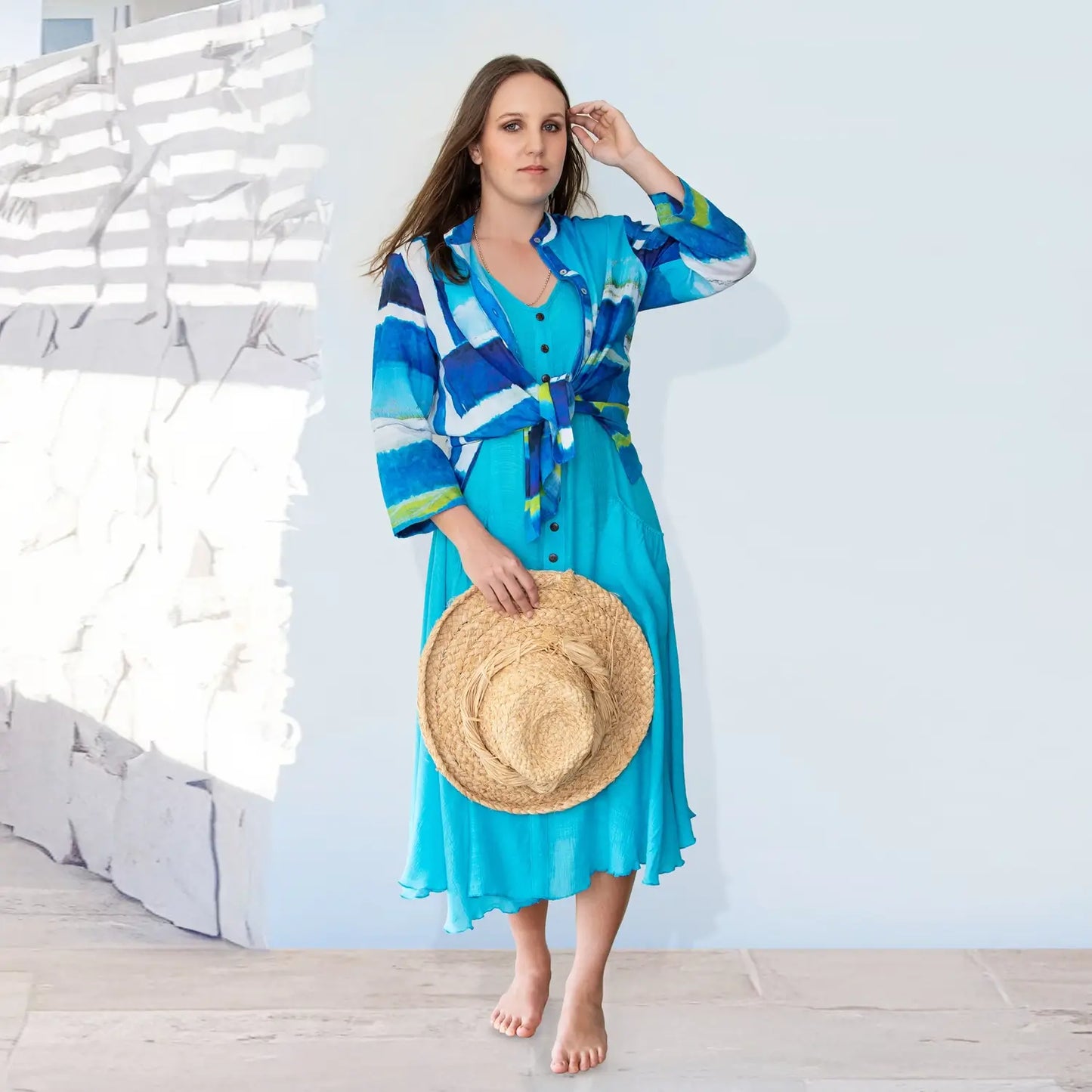 summer silk cotton bali shirt by seahorse silks tied at front over blue dress