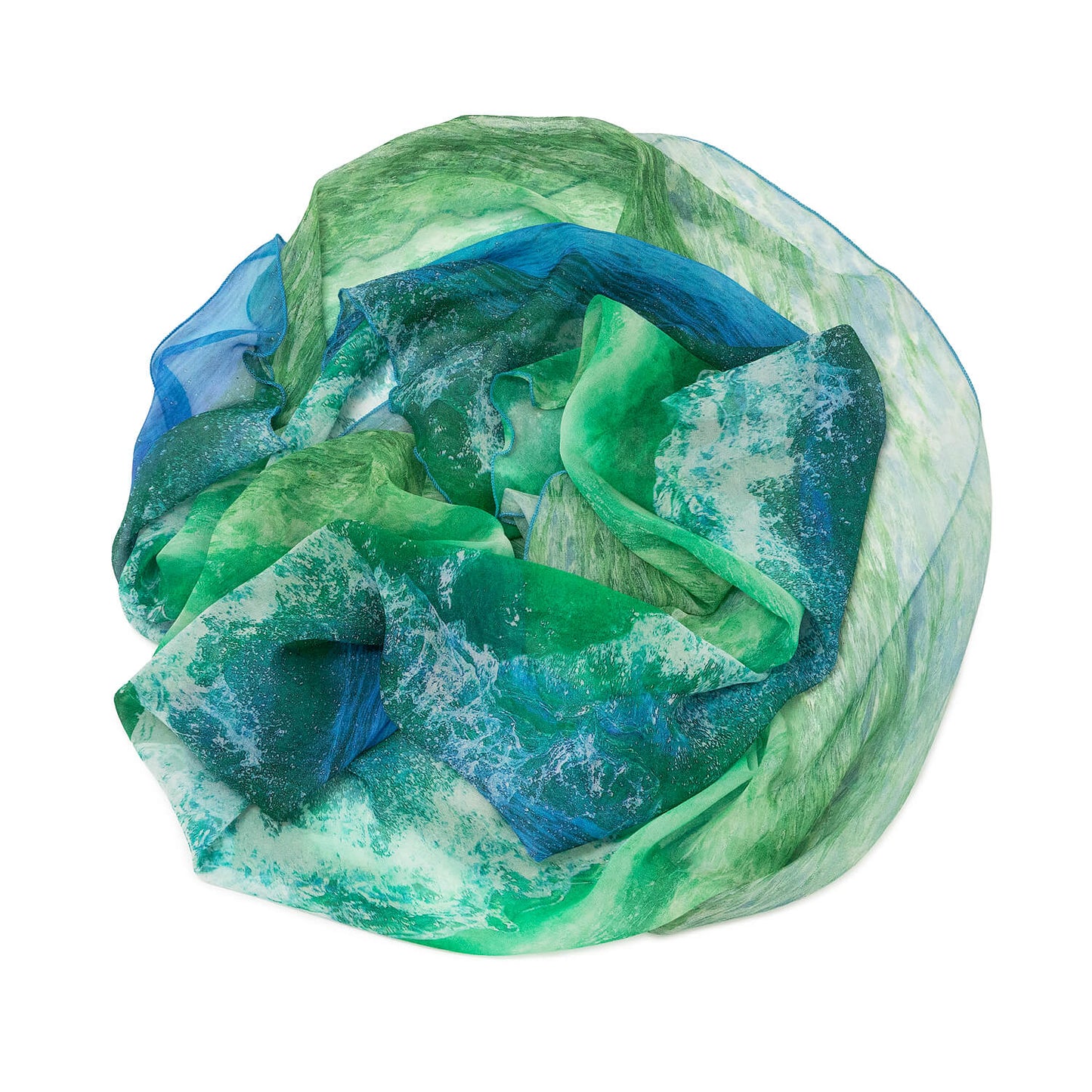 detail of blue green silk scarf crystal wave by seahorse silks