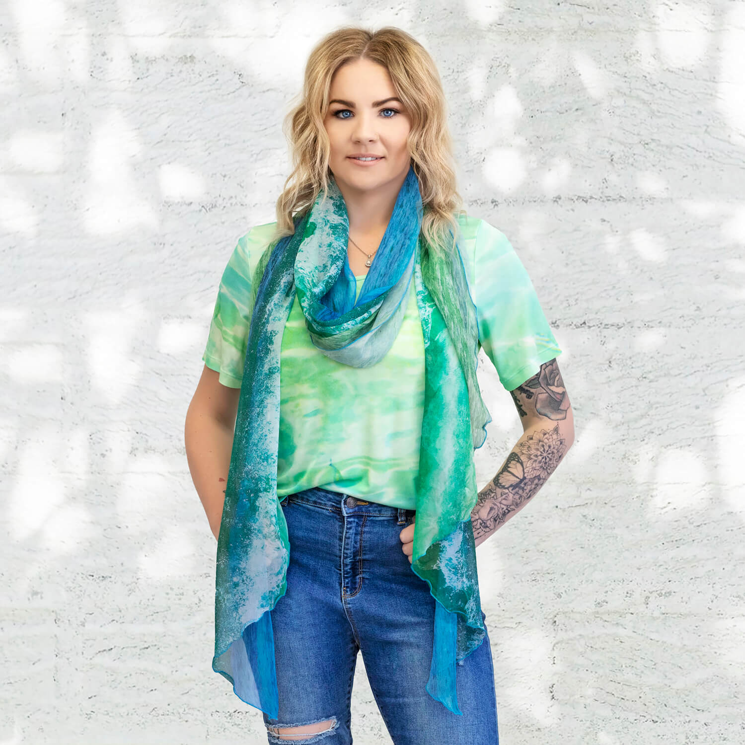 crystal wave silk scarf with green top by seahorse silks