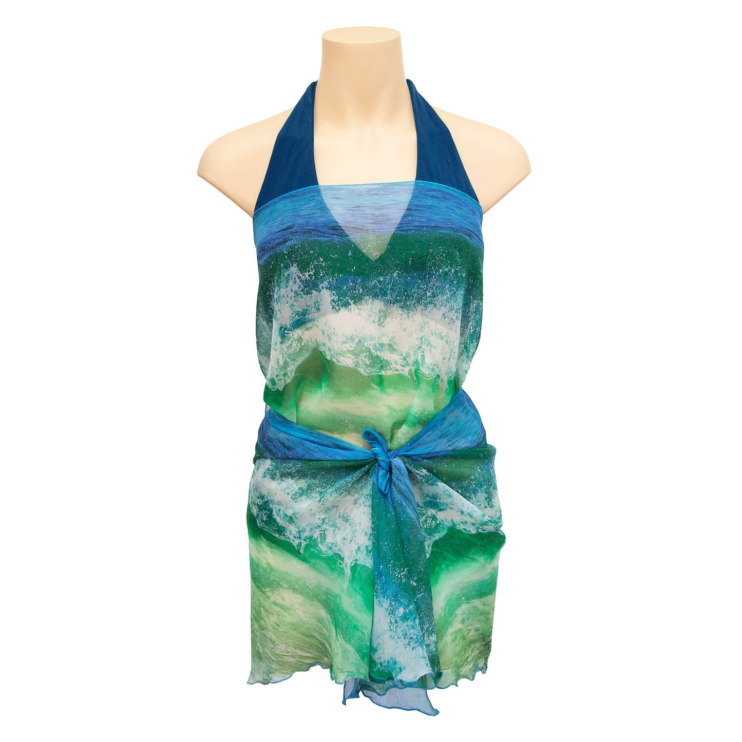 crystal wave blue green silk scarf worn as sarong - beach coverup by seahorse silks