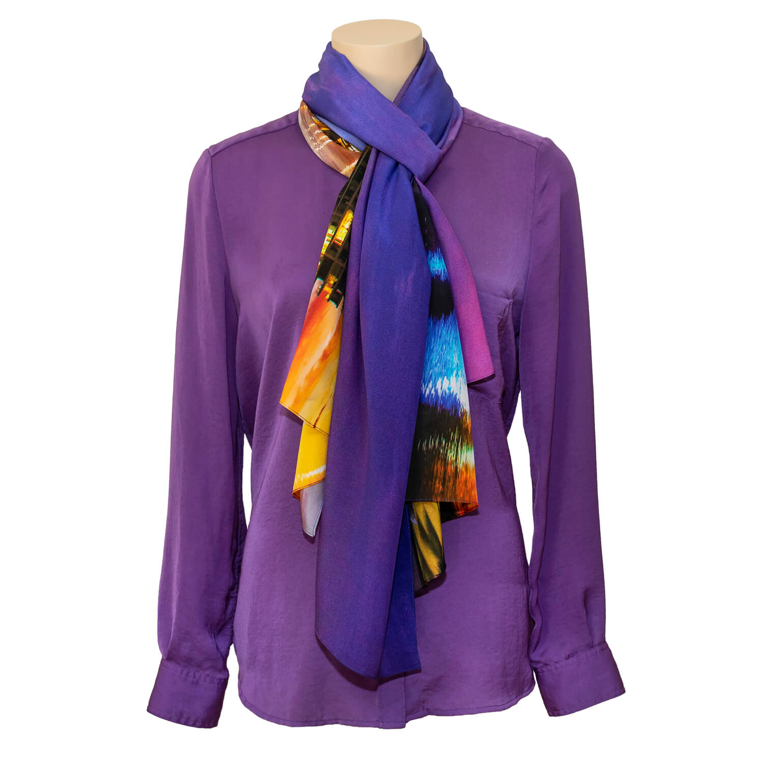 dusk on the inlet silk scarf with purple shirt