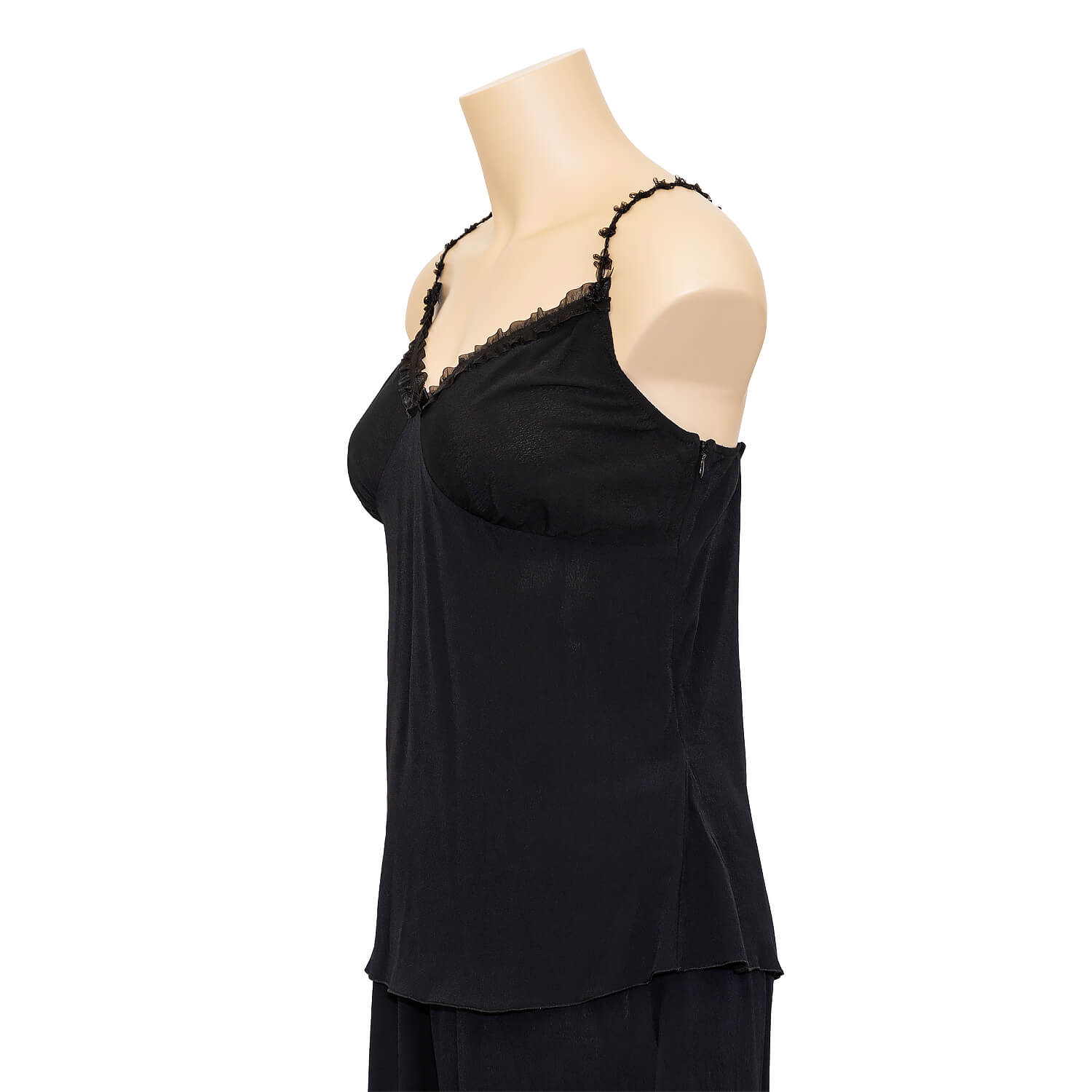 view of side zip on ebony black camisole