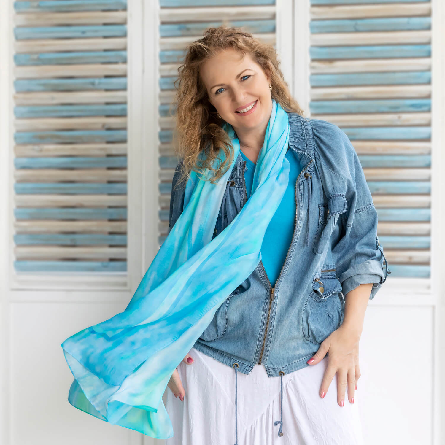 florida blue scarf with denim jacket by seahorse silks