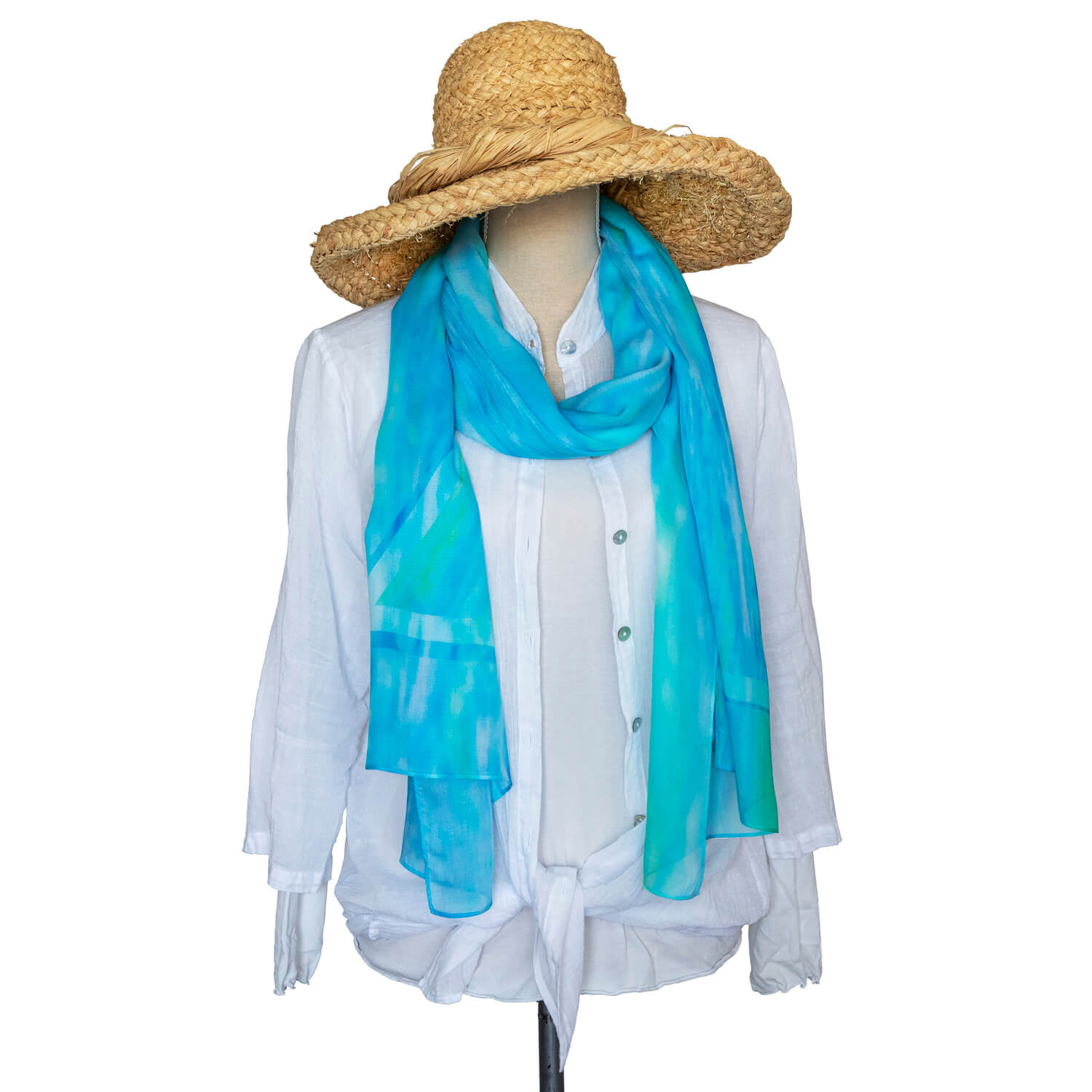 florida aqua blue summer scarf with white shirt by seahorse silks