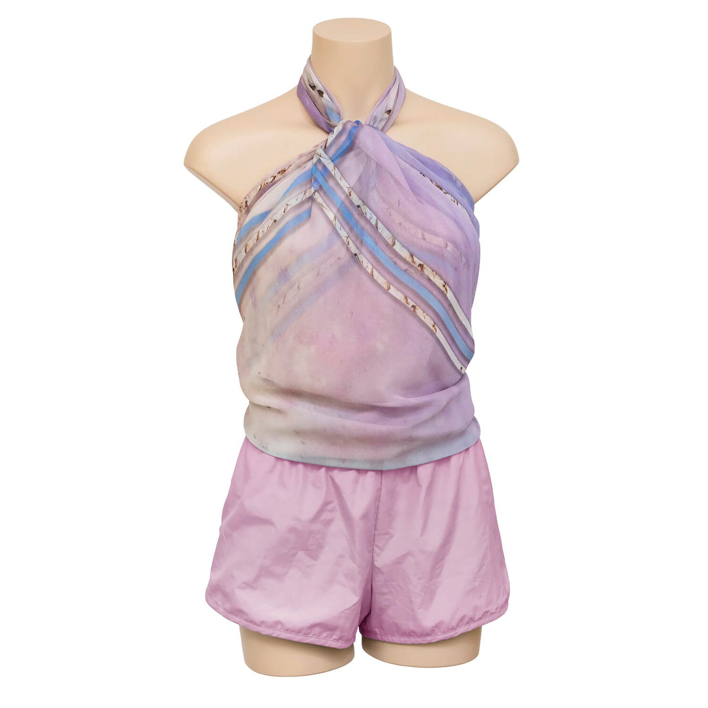 salt lake square silk scarf worn at halter top with pink shorts