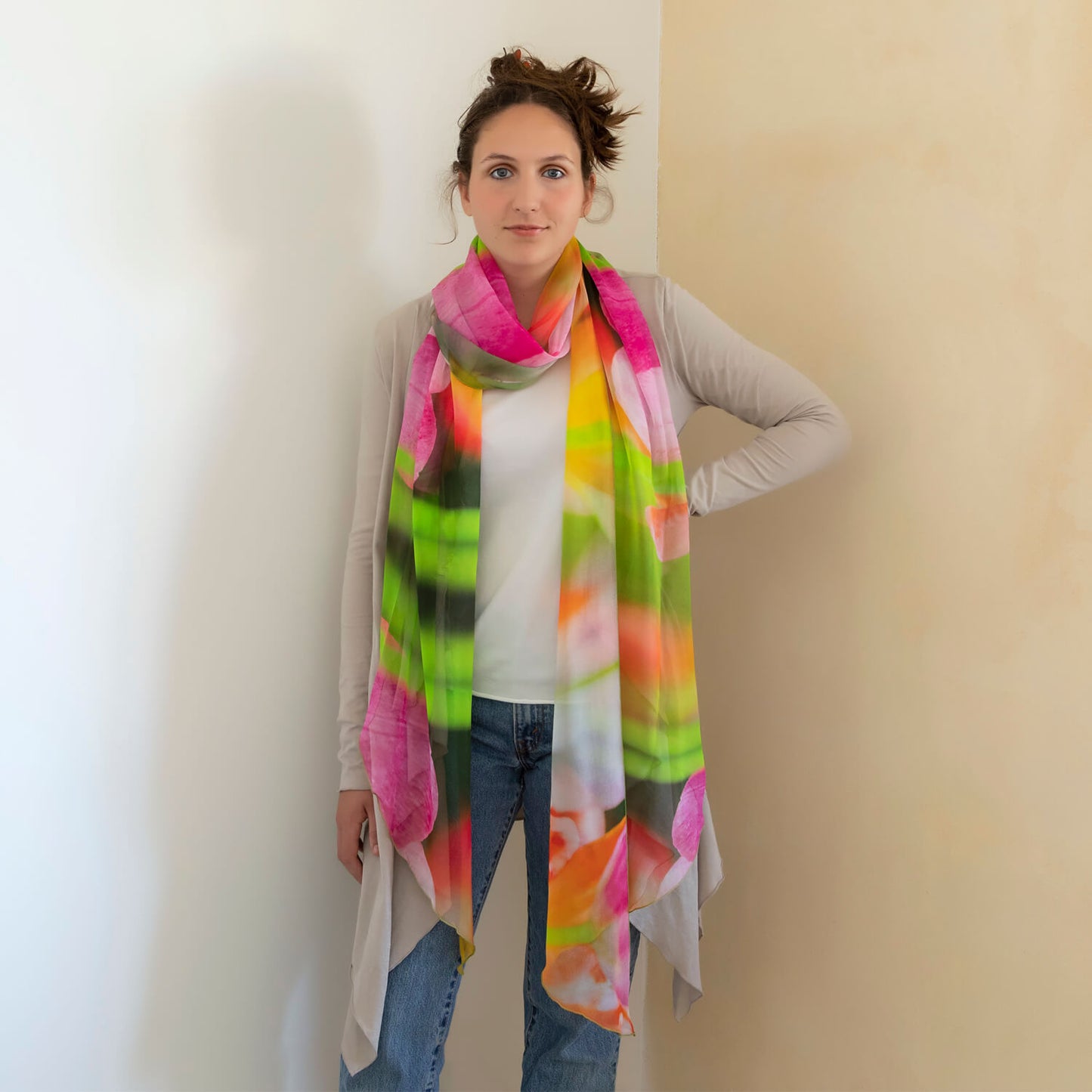 tulips scoop silk scarf with jeans casual look by seahorse silks