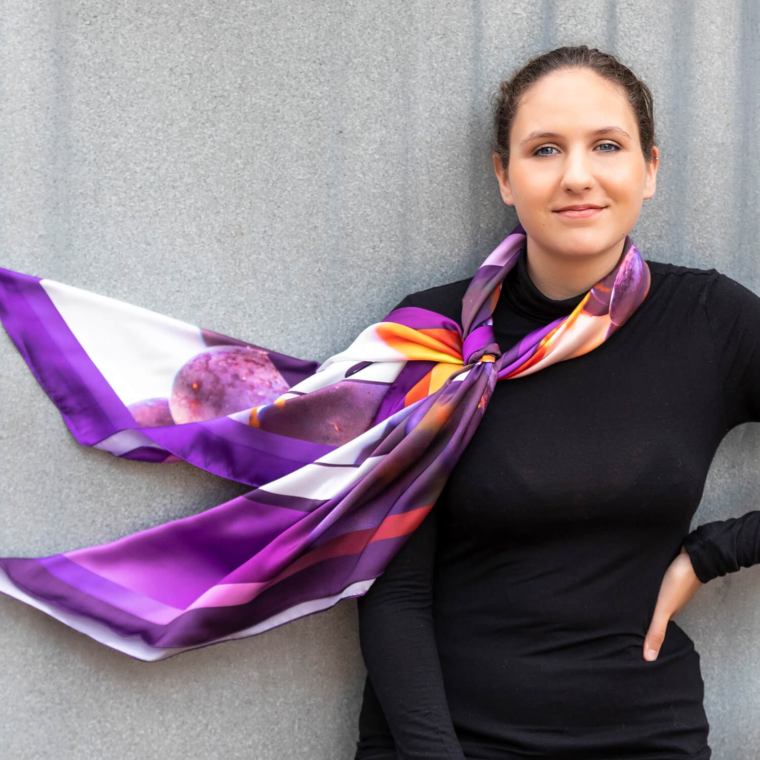vino large square scarf by seahorse silks with black top