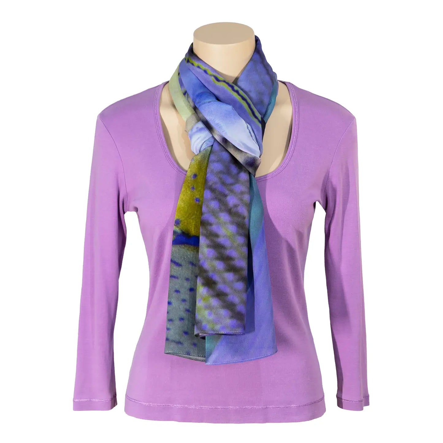 aquarium silk scarf by seahorse silks with lilac top