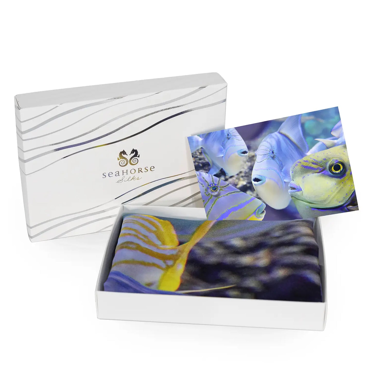 aquarium silk scarf by seahorse silks with gift box and greeting card