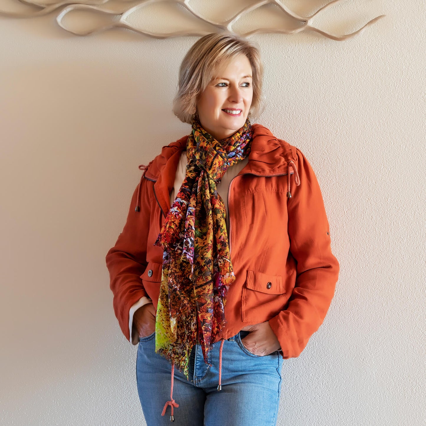 autumn cashmere wool scarf with terracotta jacket