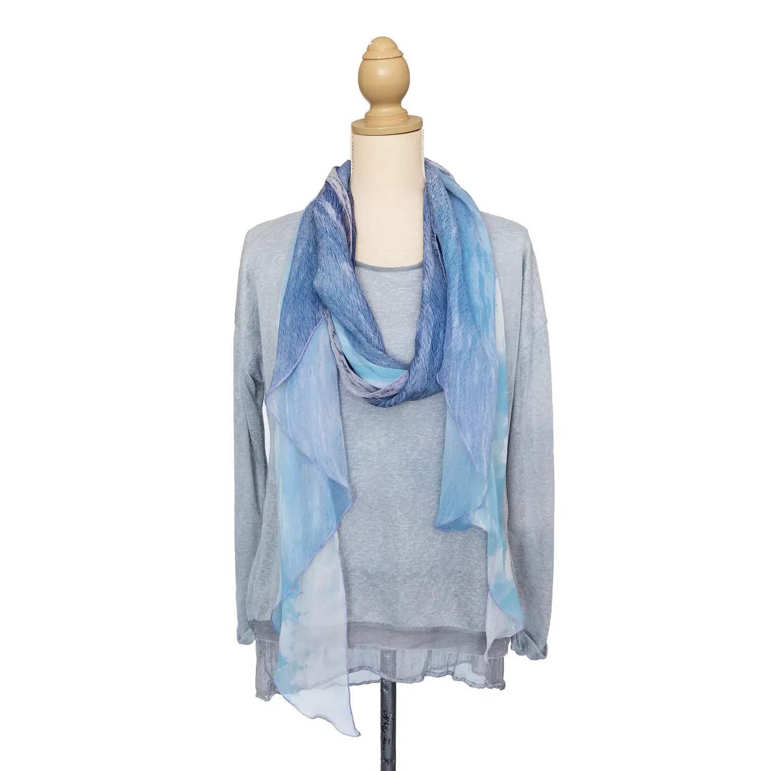 azure long scoop silk scarf by seahorse silks with grey top