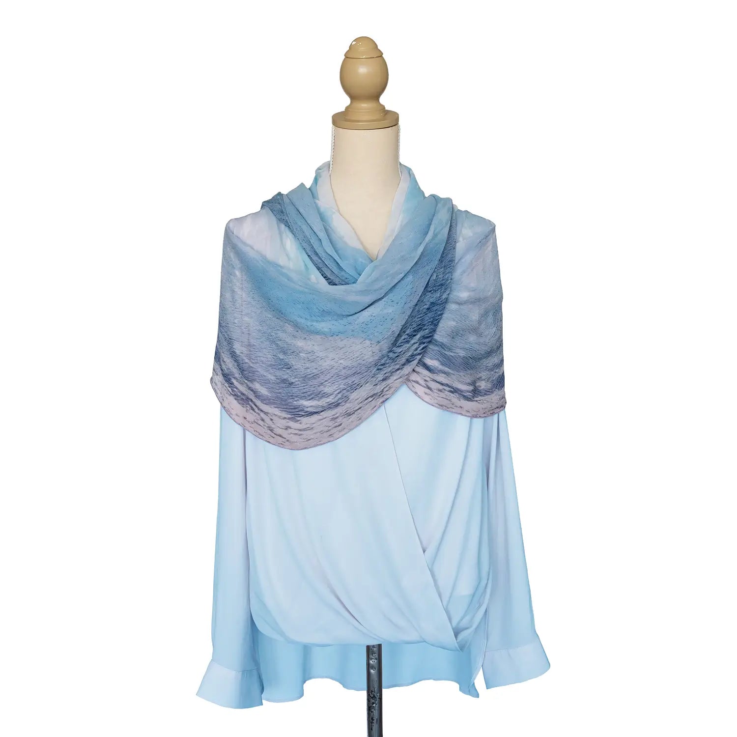 azure silk scarf by seahorse silks worn as shawl over soft blue top