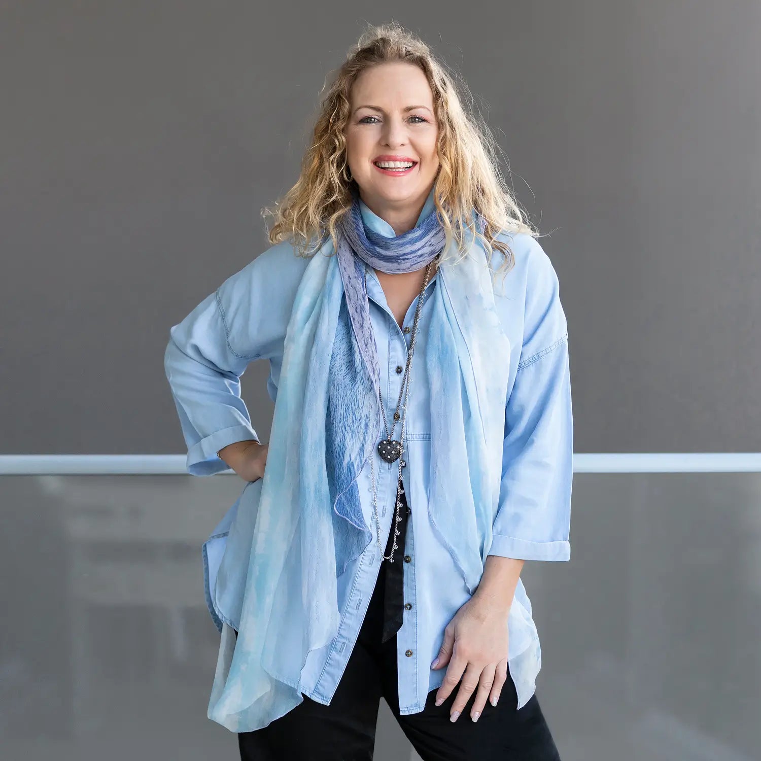 azure scoop silk scarf by seahorse silks with chambray shirt