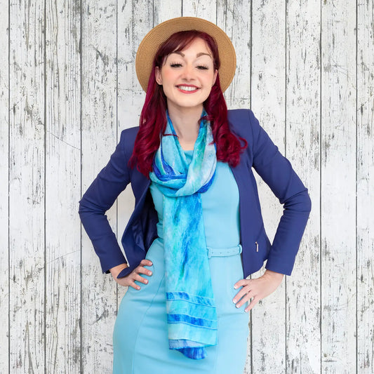 barchetta scarf by seahorse silks with blue dress and jacket