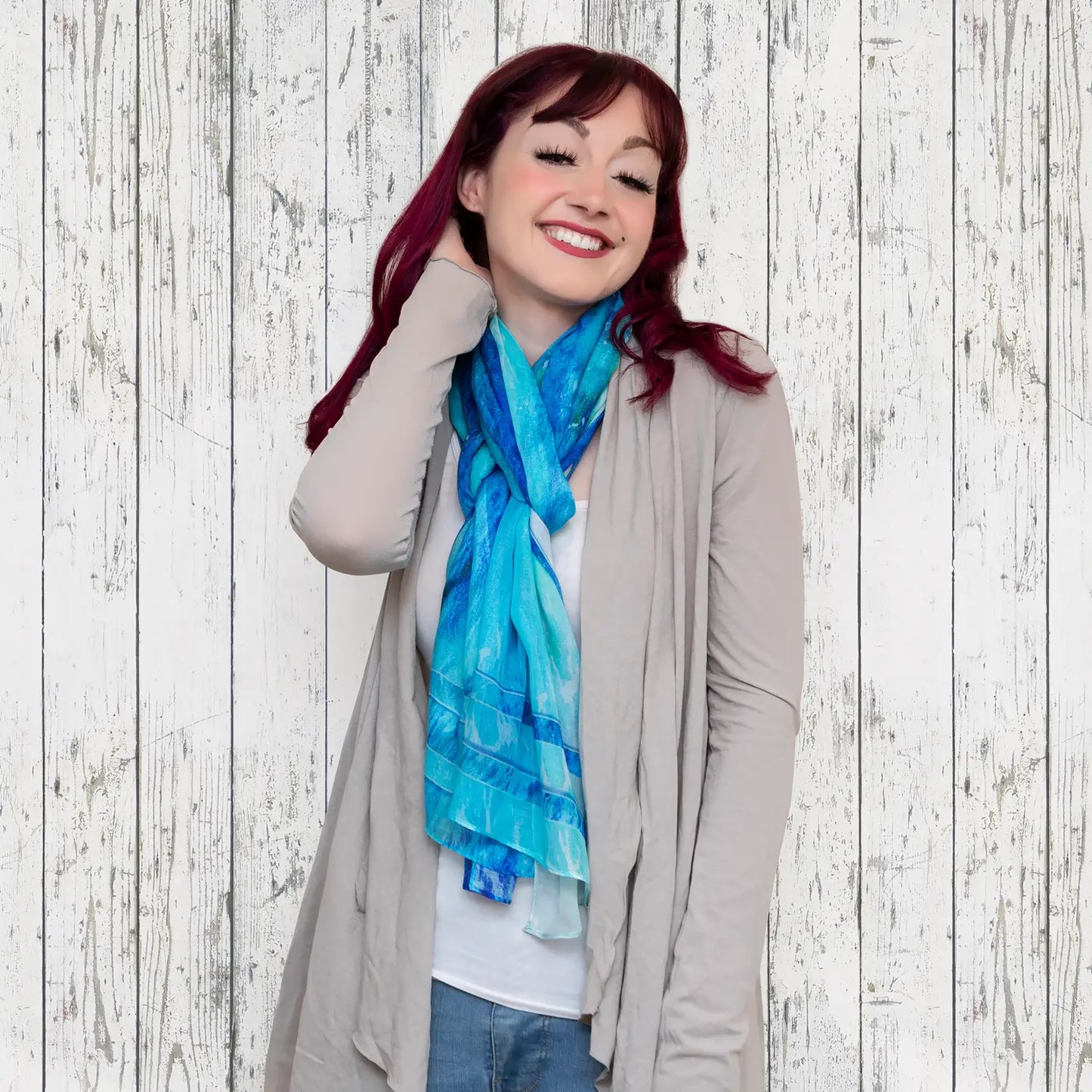 barchetta scarf by seahorse silks with taupe jacket