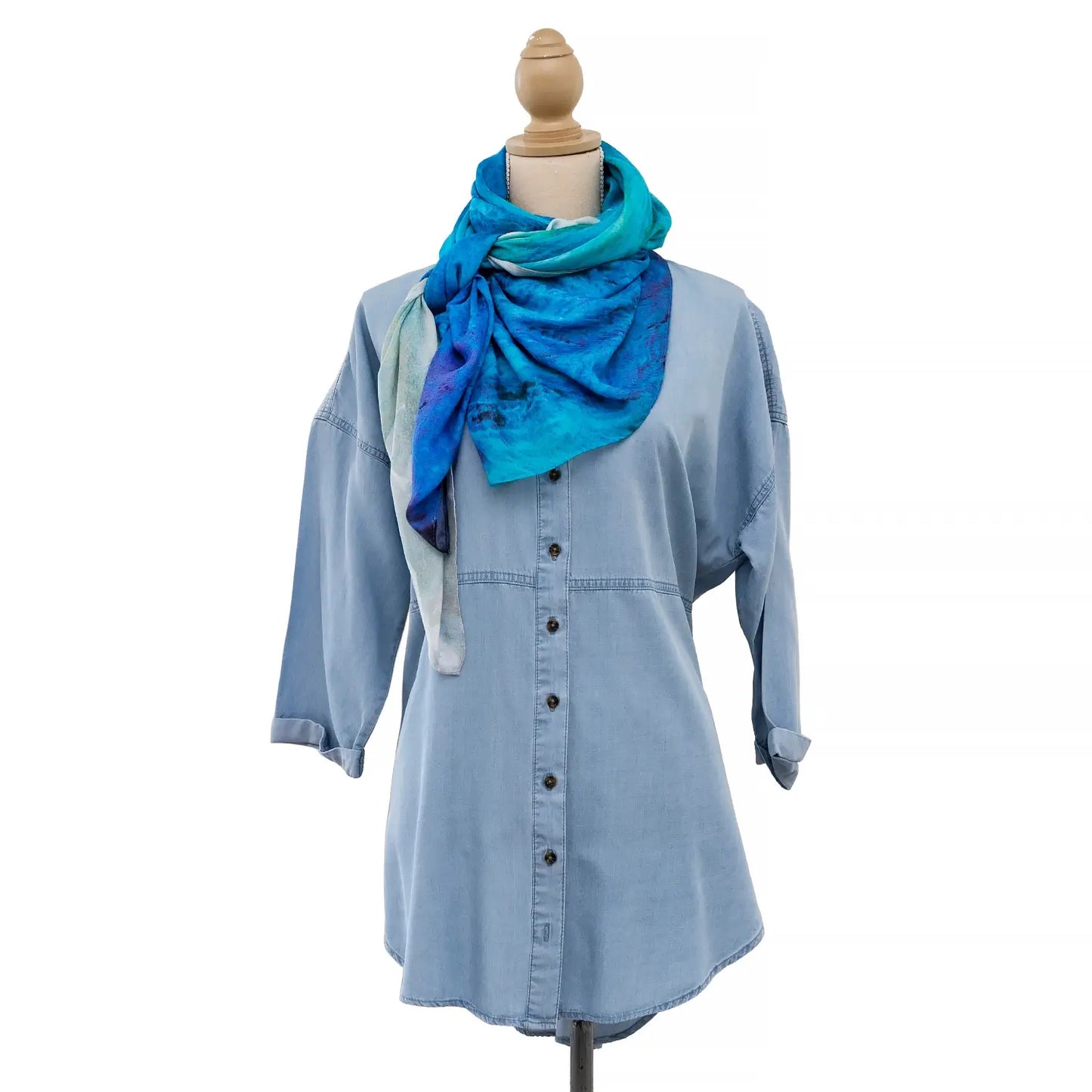 barchetta wearable art square silk scarf by seahorse silks with chambray shirt