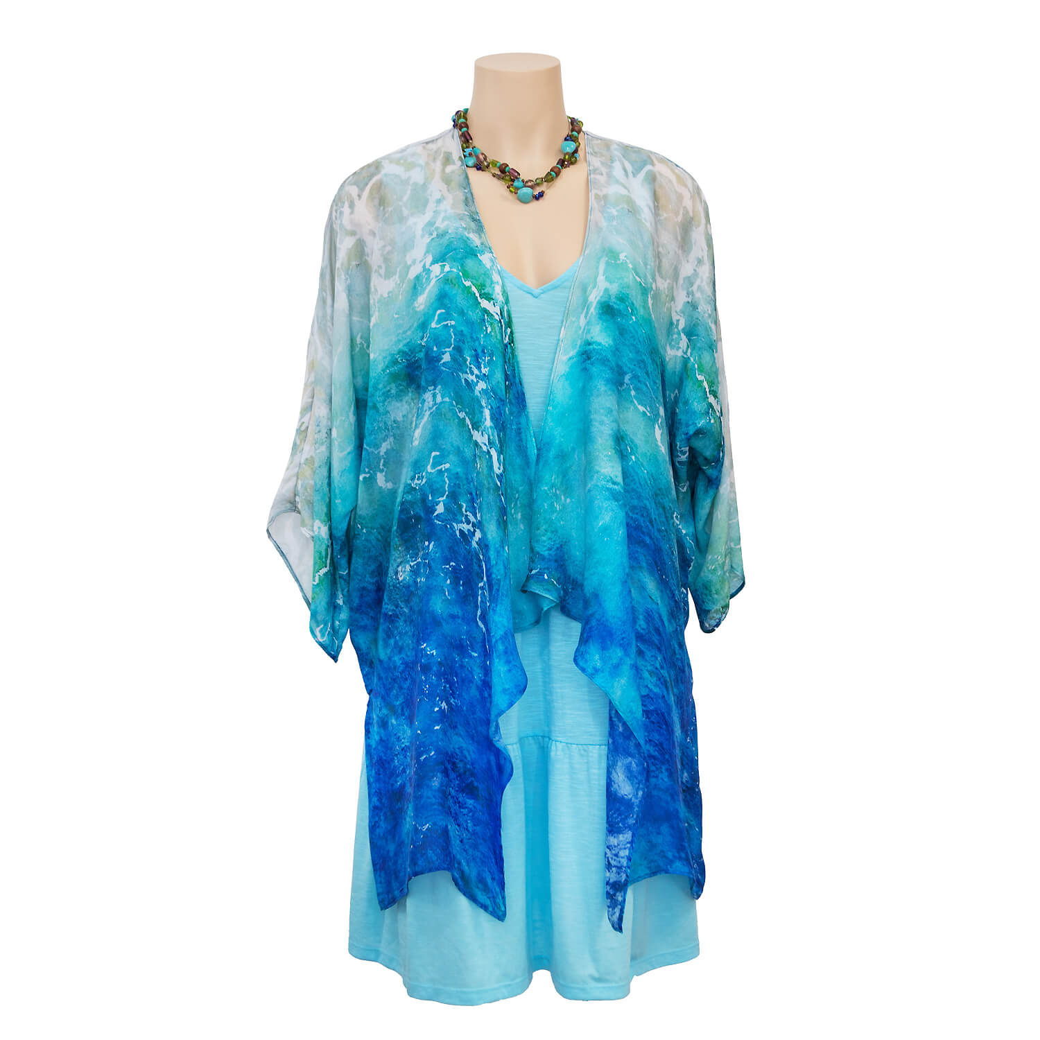 barchetta waterfall jacket over aqua blue dress