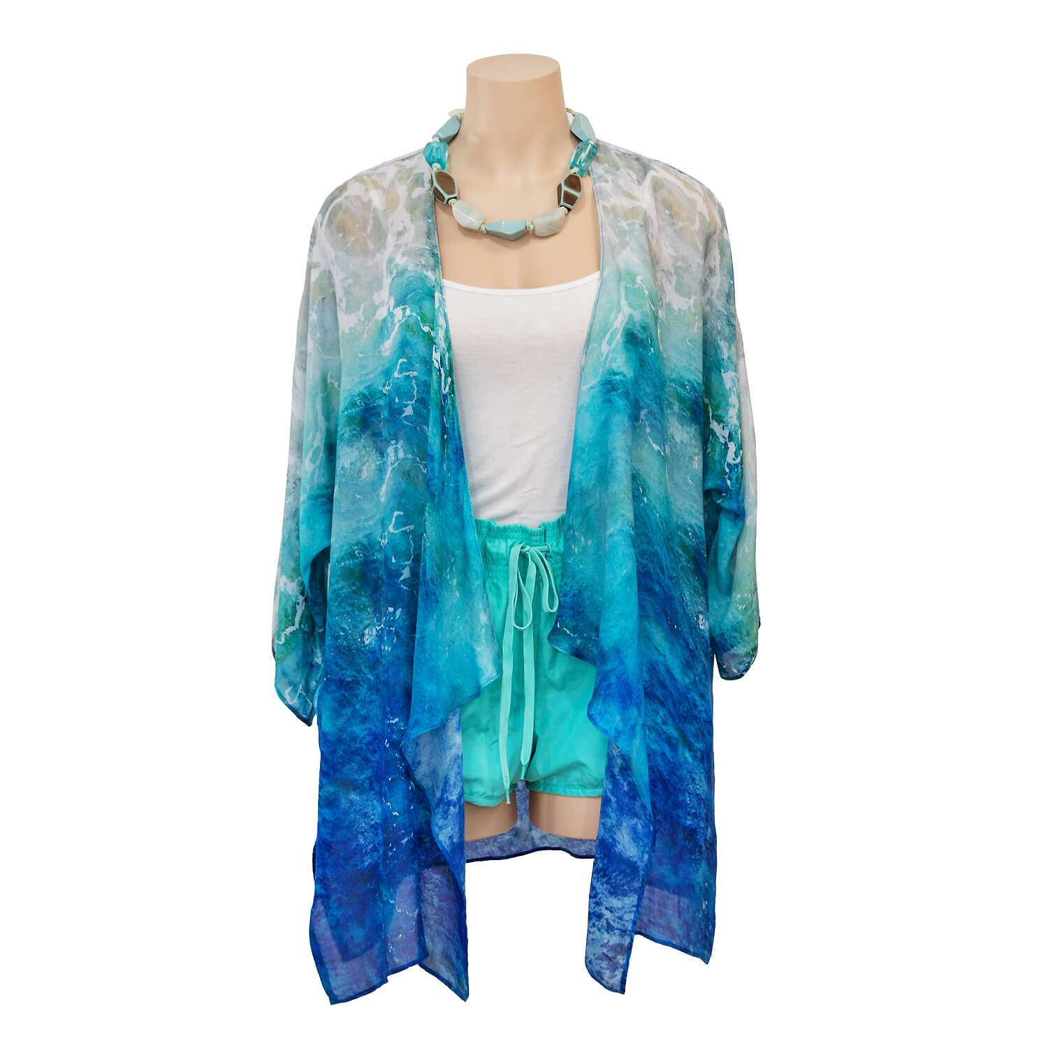 barchetta waterfall jacket coverup over white top and aqua blue shorts