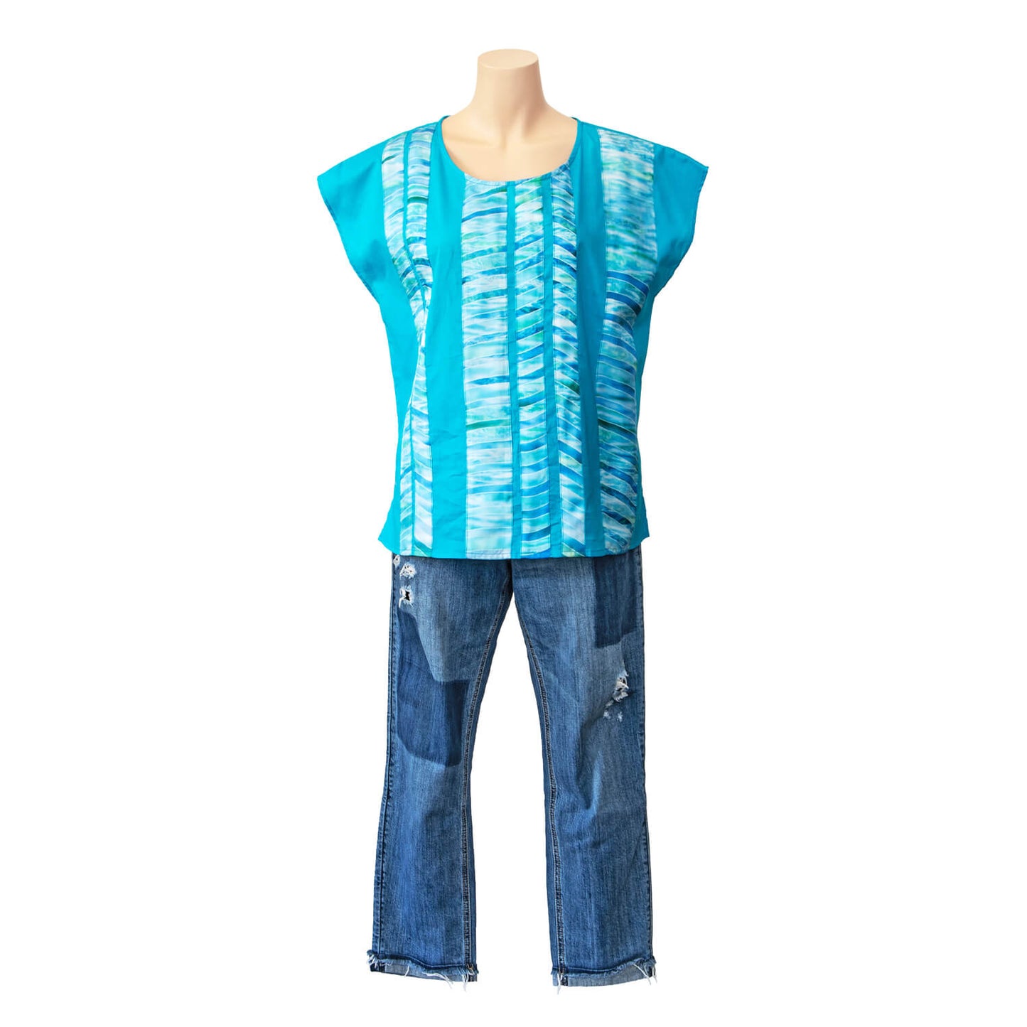 bits of florida aqua blue cotton silk trim top worn loose over jeans
