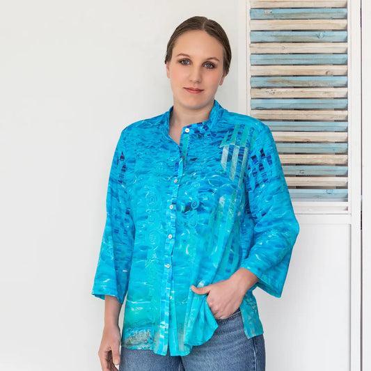 clear blue silk cotton ladies shirt with blue jeans by seahorse silks