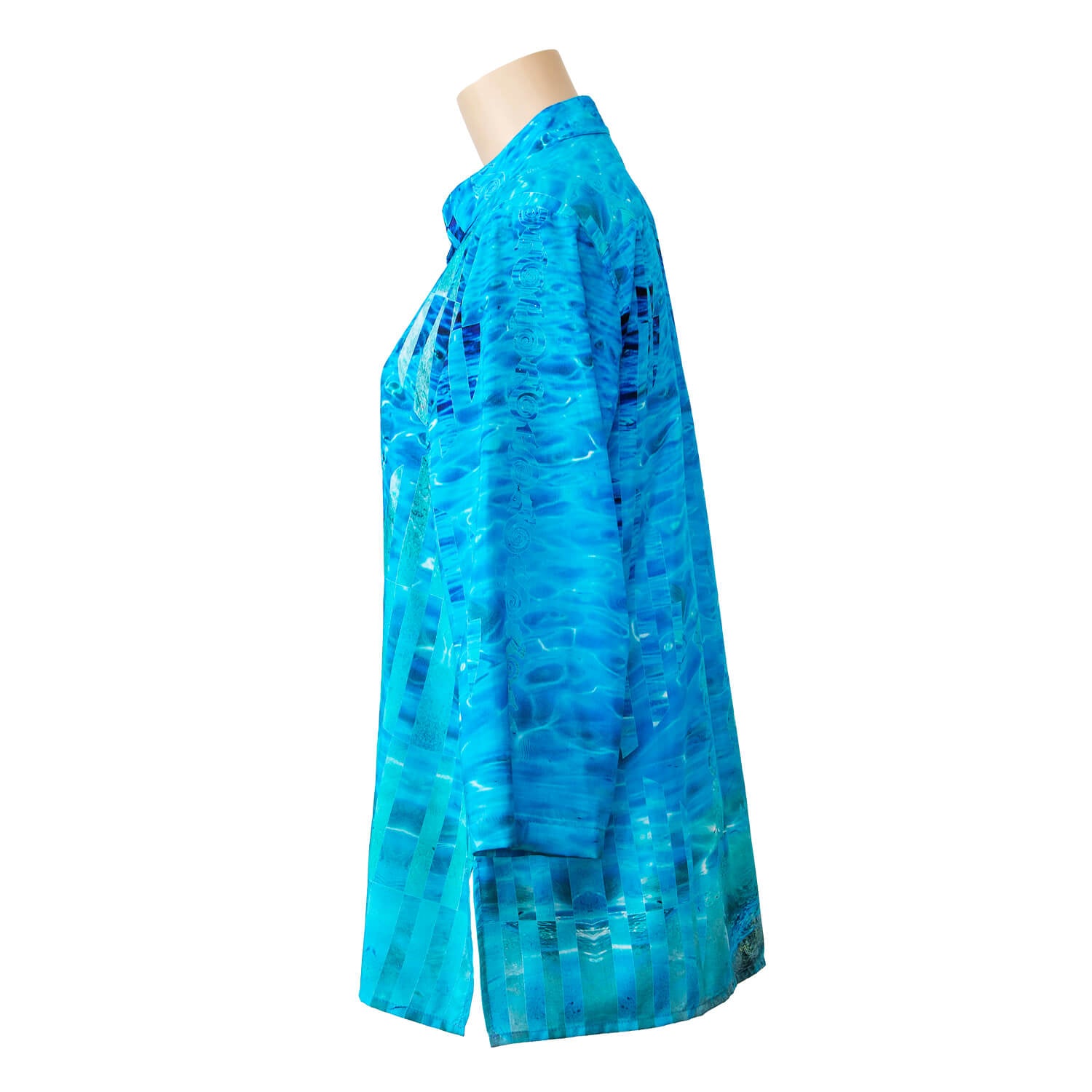 LHS view aqua blue silk cotton bali shirt by seahorse silks