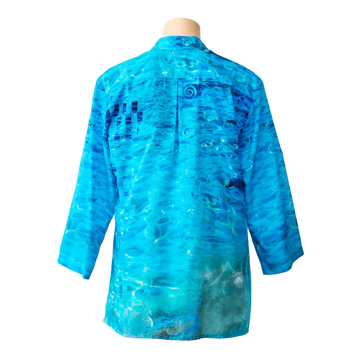 back view aqua blue silk cotton bali shirt by seahorse silks