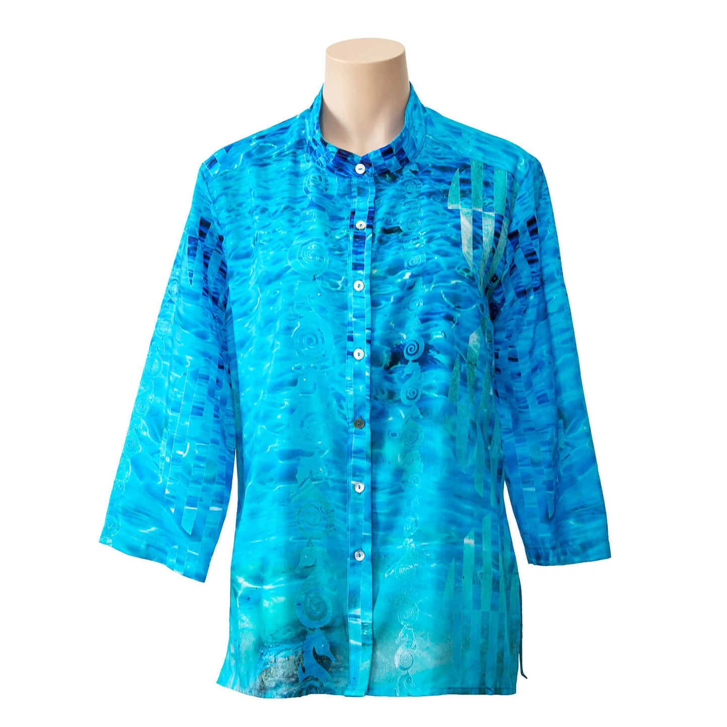 front view aqua blue silk cotton bali shirt by seahorse silks