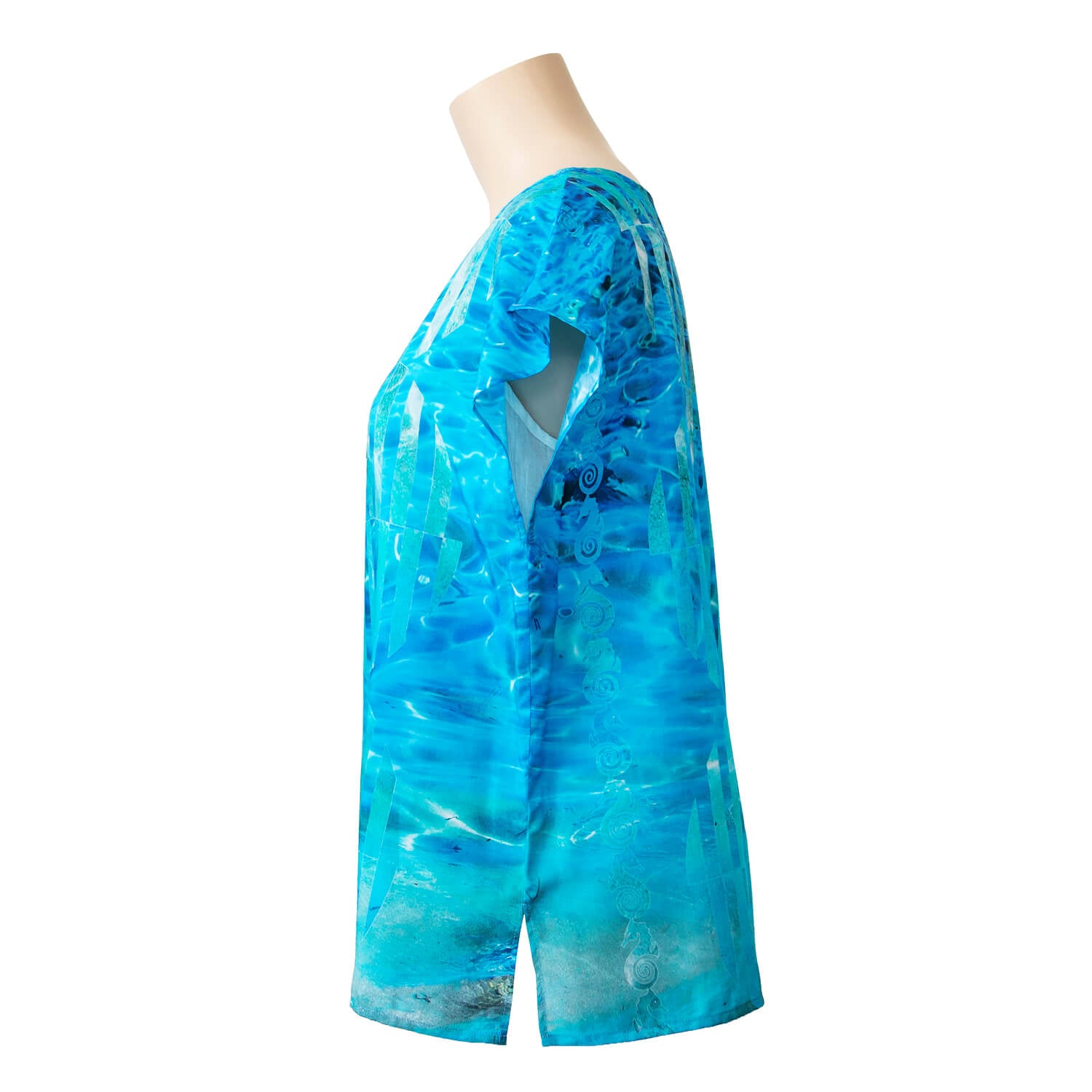 LHS view of clear blue silk cotton top by seahorse silks