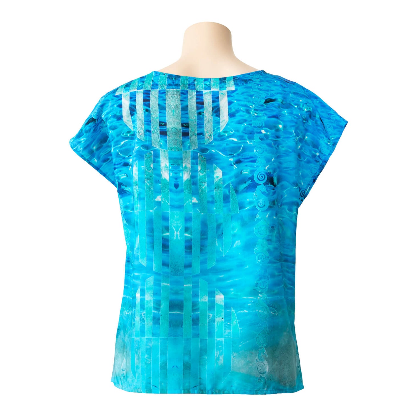 back view of clear blue silk cotton ladies top by seahorse silks