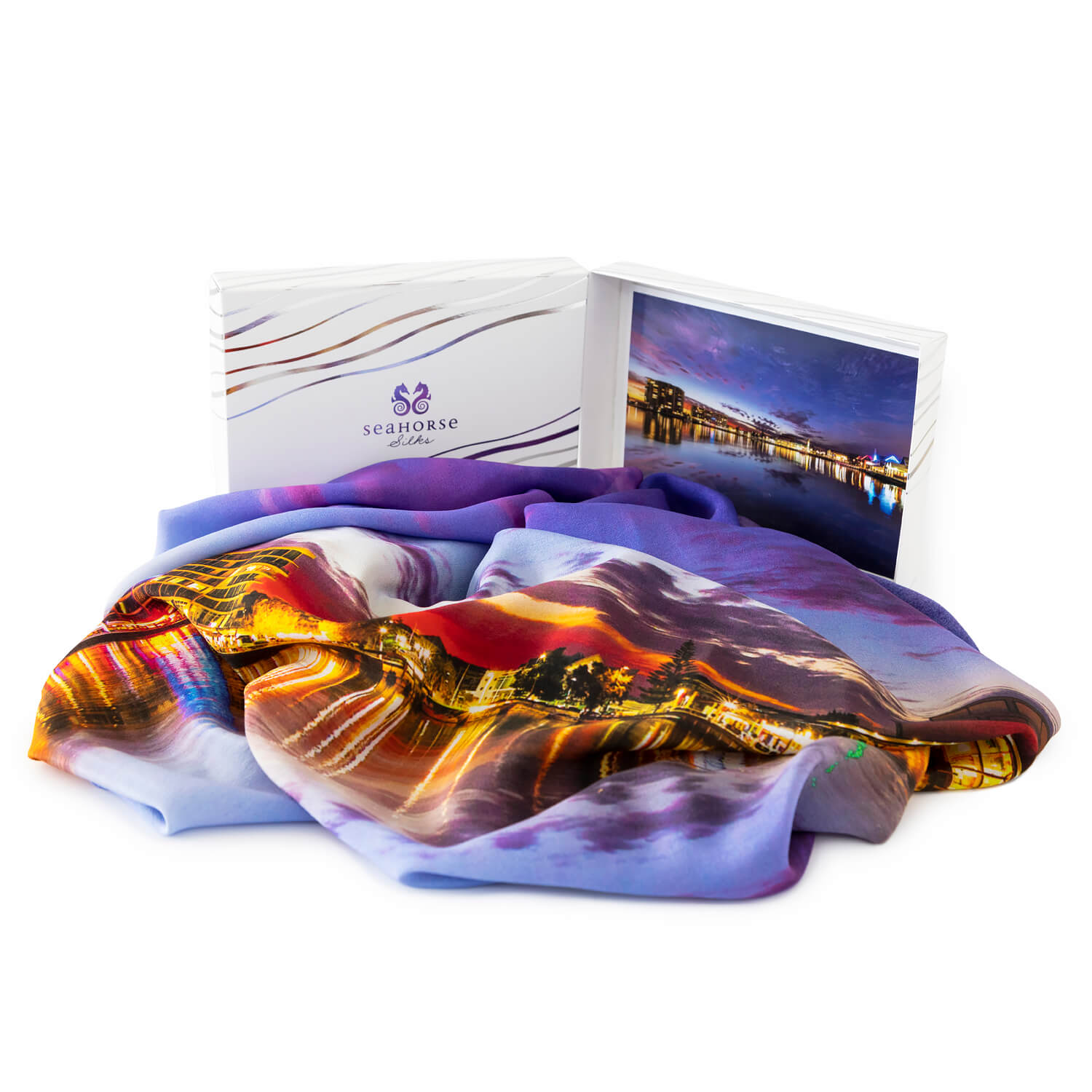 dusk on the inlet gift boxed silk scarf by seahorse silks
