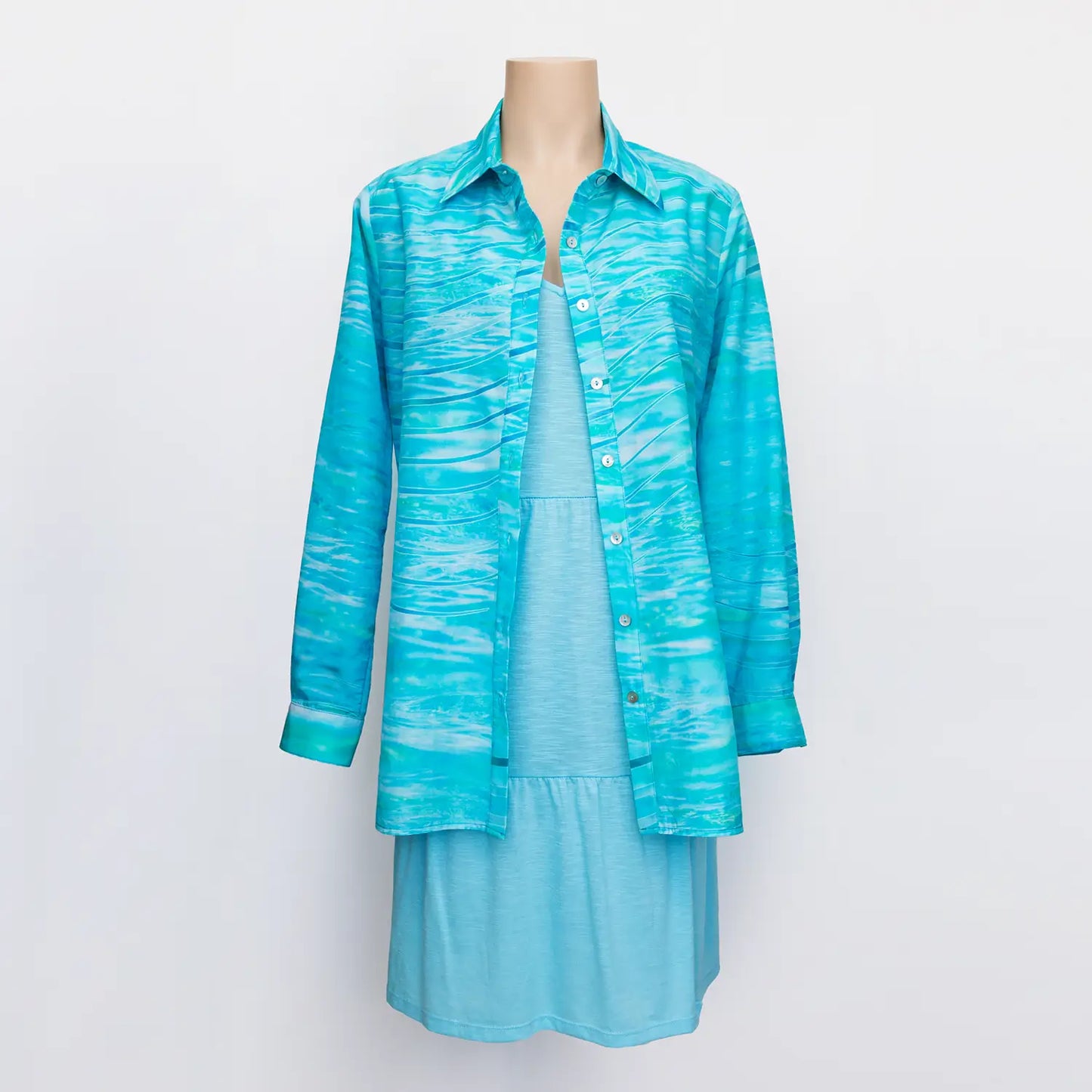 florida long sleeve silk cotton shirt by seahorse silks australia over blue dress