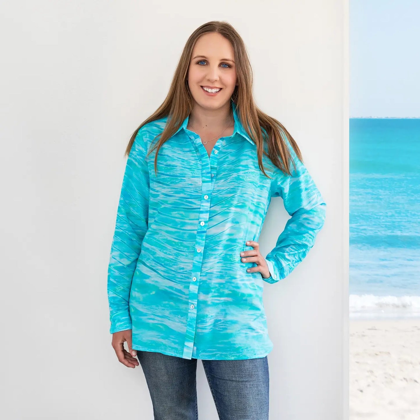 florida blue silk cotton long sleeve shirt with jeans by seahorse silks