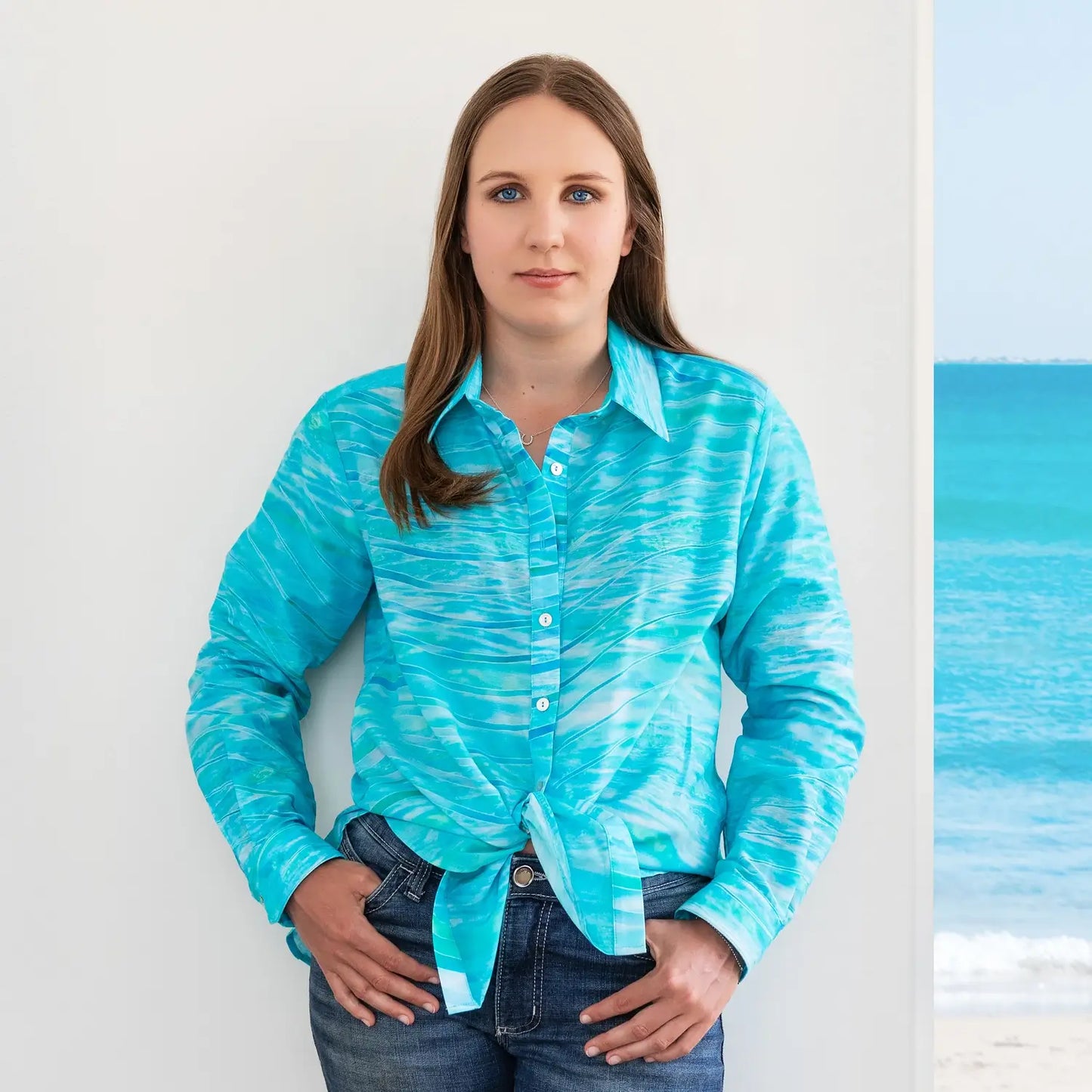 florida silk cotton long sleeve shirt by seahorse silks australia with blue jeans