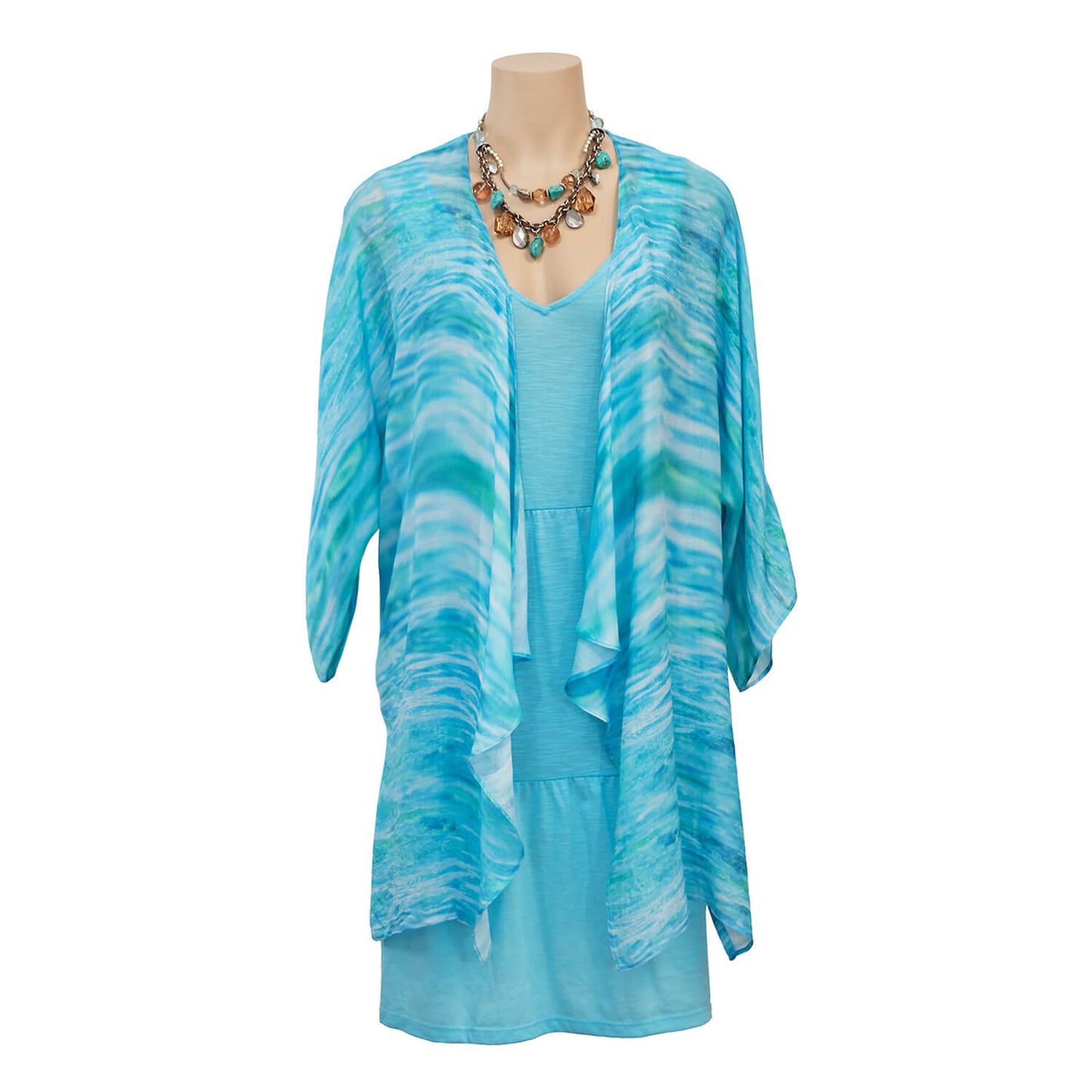 florida waterfall jacket over aqua blue dress by seahorse silks australia