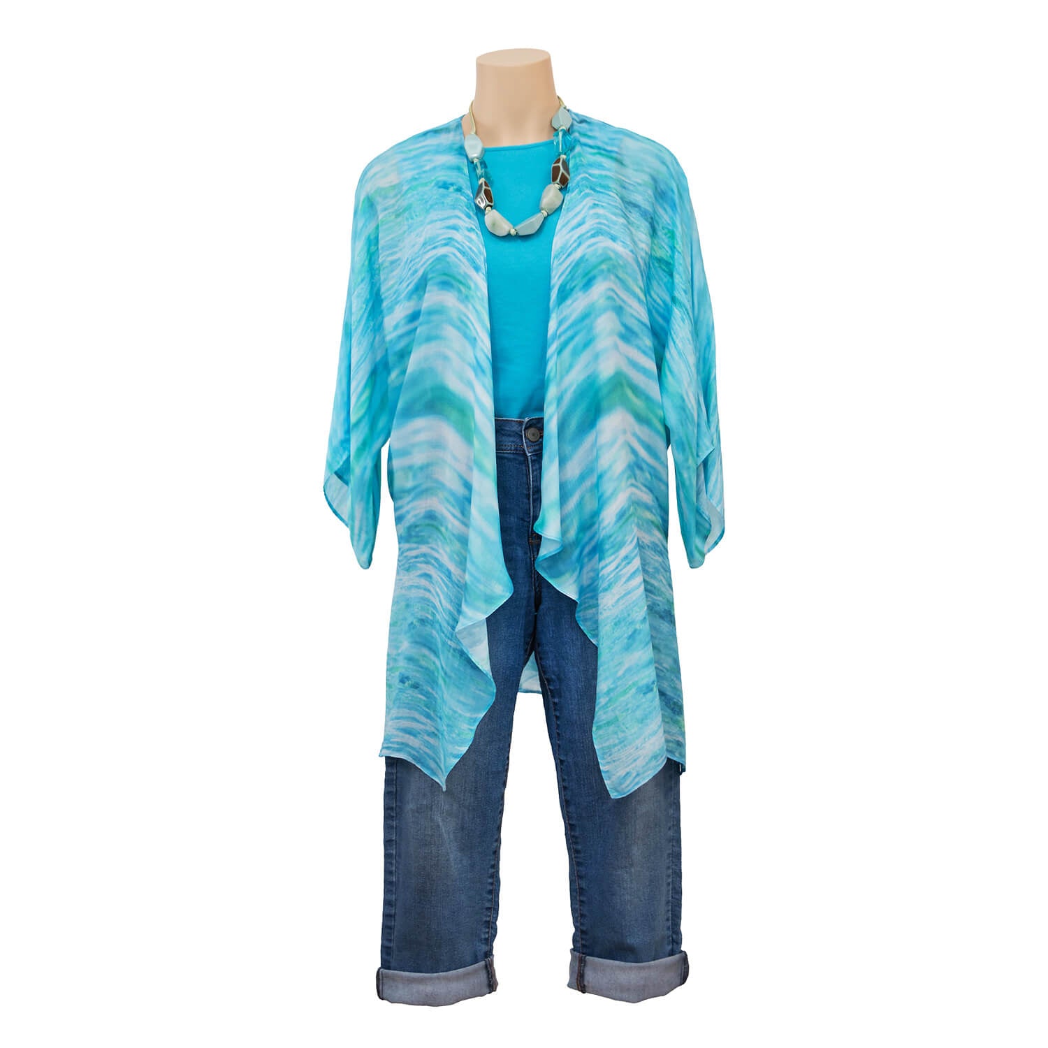 florida waterfall jacket with aqua top and jeans by seahorse silks
