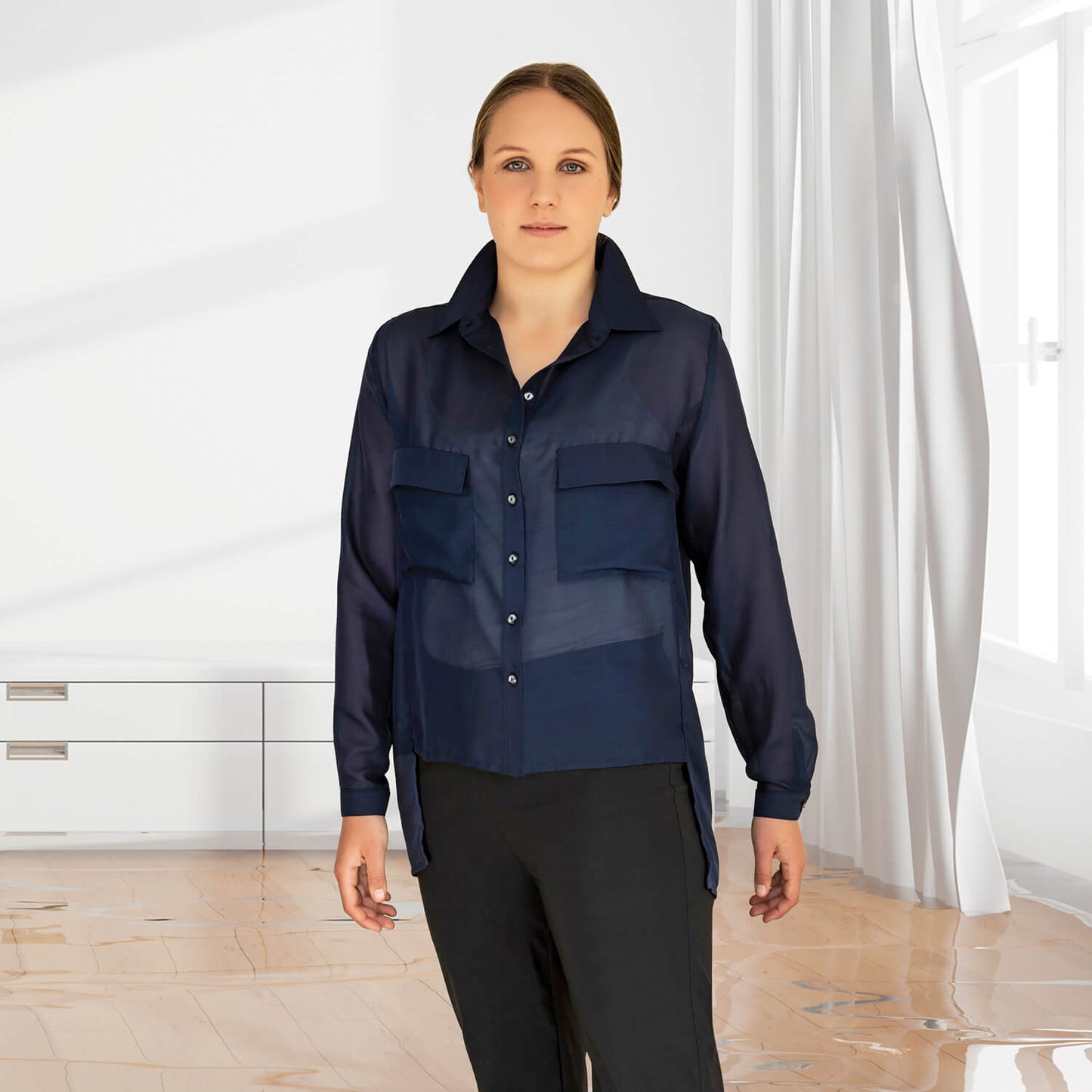 french navy manhatten shirt with black pants by seahorse silks