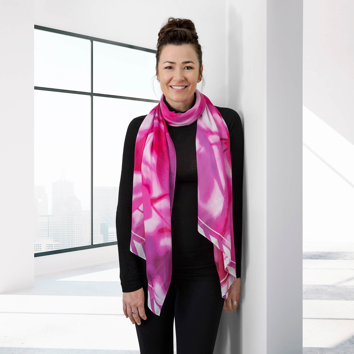 leaves of hot pink scarf worn with black leggings and polo by seahorse silks