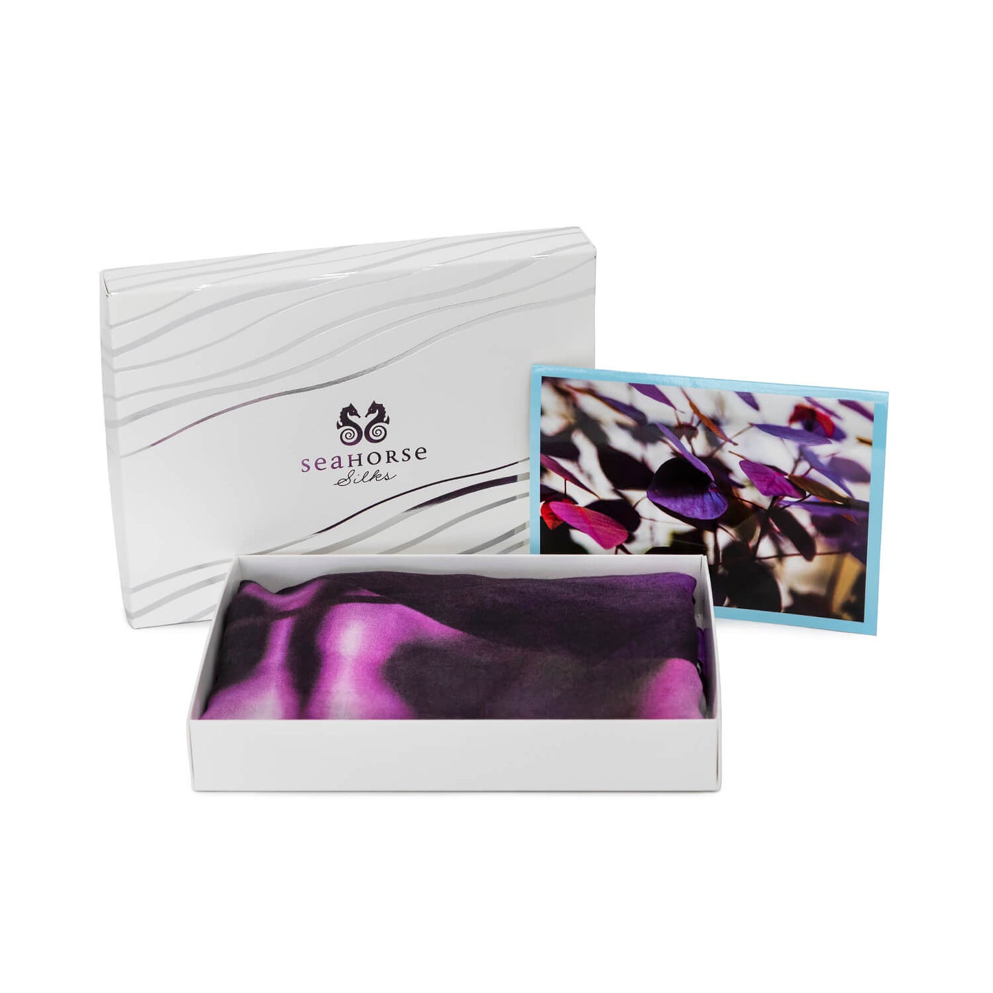 gift boxed leaves of deep purple fashion scarf by seahorse silks