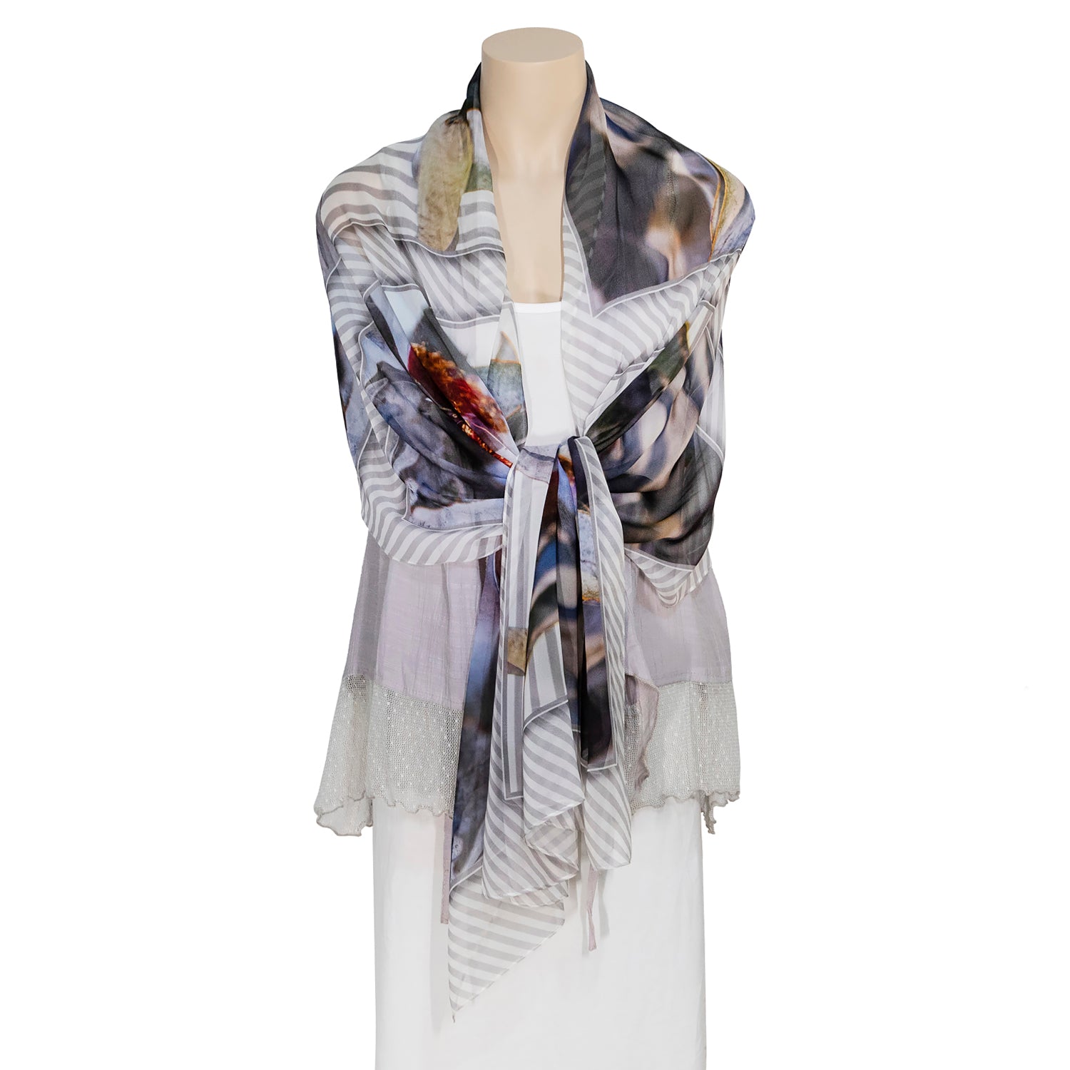 macrocarpa silk scarf worn as shawl over grey vest and white dress