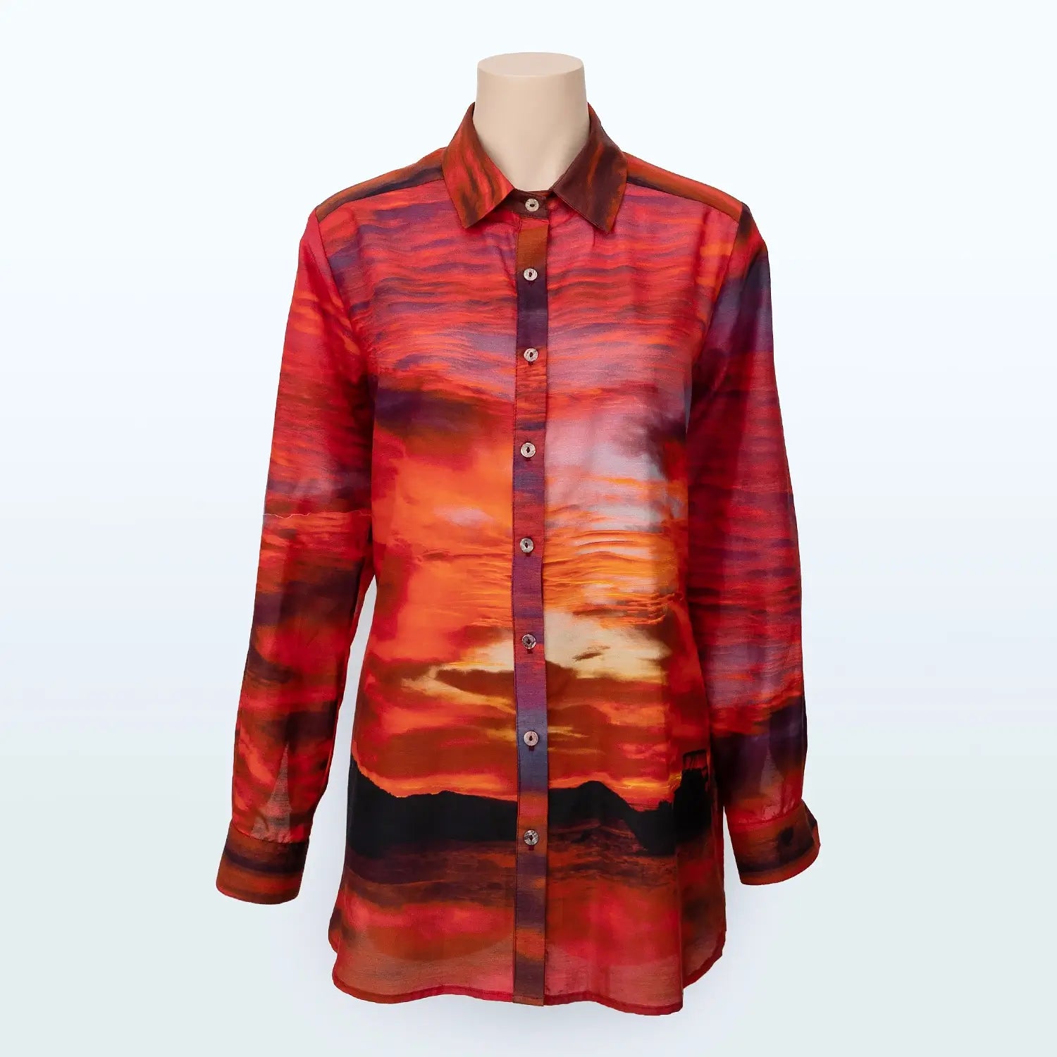 front view Red Hot silk cotton long sleeve shirt by seahorse silks australia