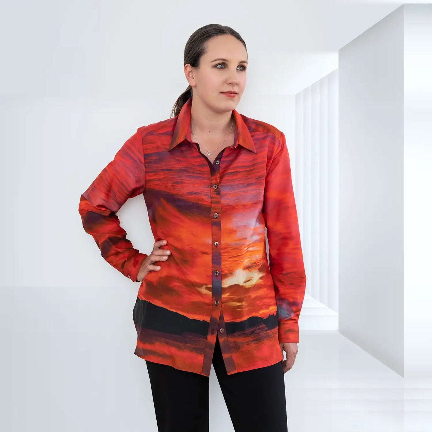 red hot silk cotton shirt by seahorse silks australia with black pants