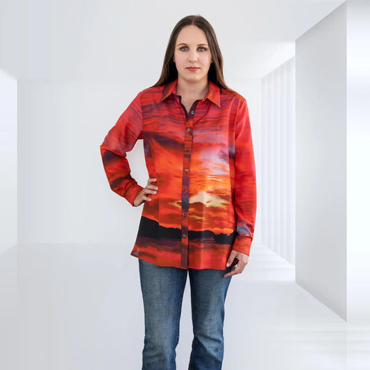 red hot long sleeve silk cotton shirt by seahorse silks with jeans