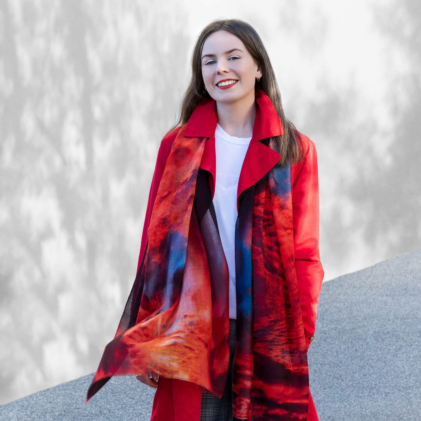 red hot cashmere wool scarf pashmina with red coat by seahorse silks