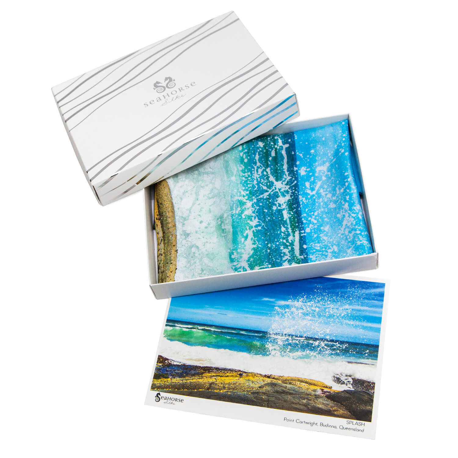 splash silks scarf by seahorse silks with gift box and postcard