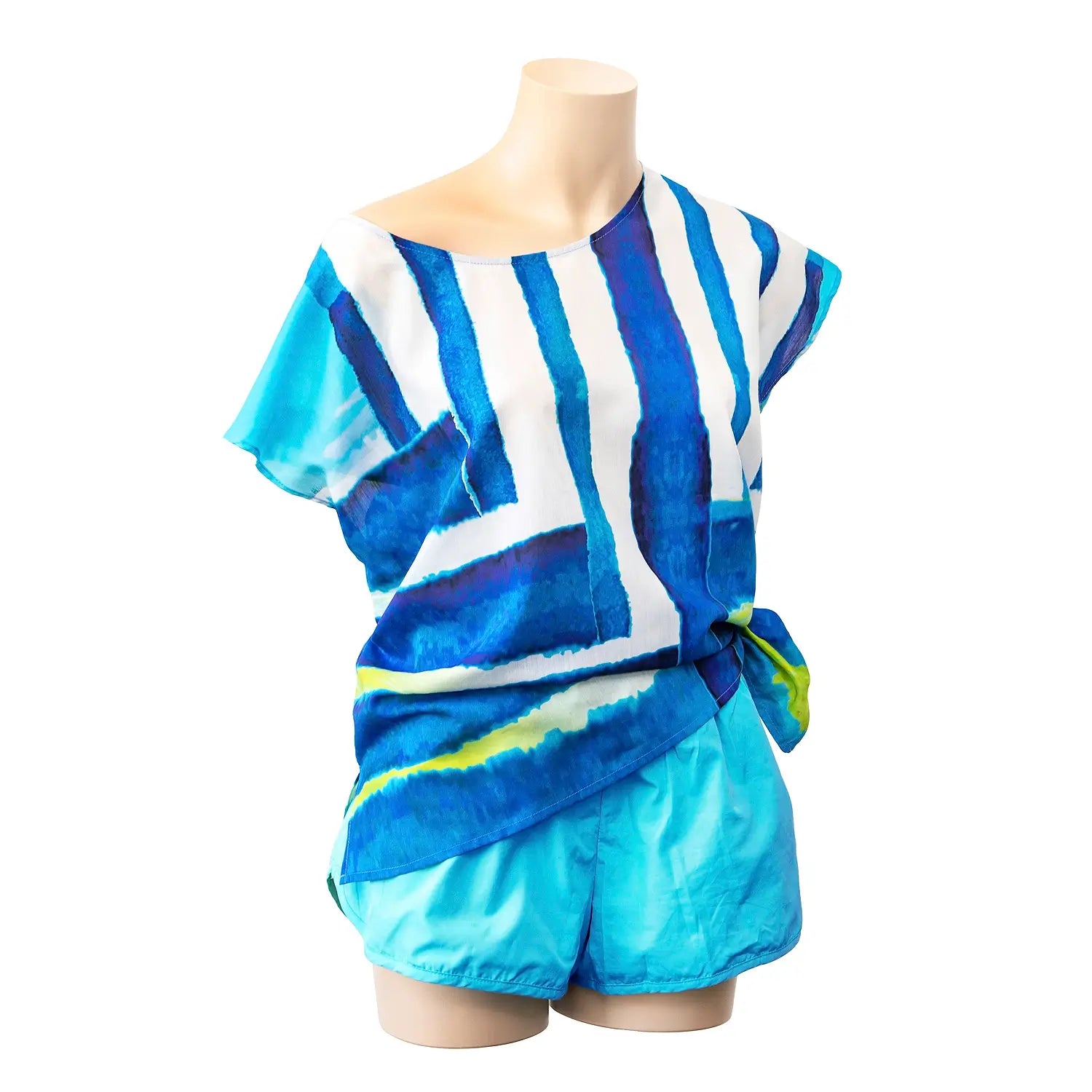 summer silk cotton loose top worn with aqua blue shorts by seahorse silks