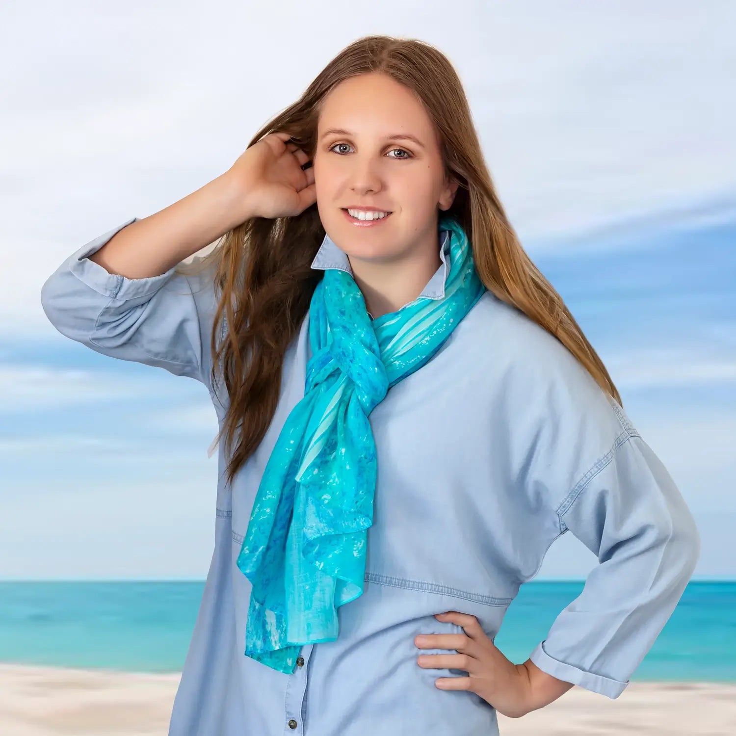 turquoise bay scarf by seahorse silks with chambray shirt