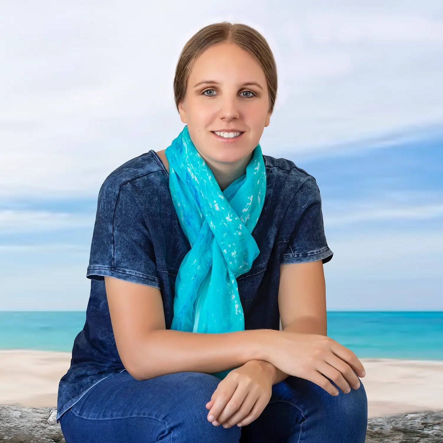 turquoise bay scarf with blue stonewash tee shirt by seahorse silks