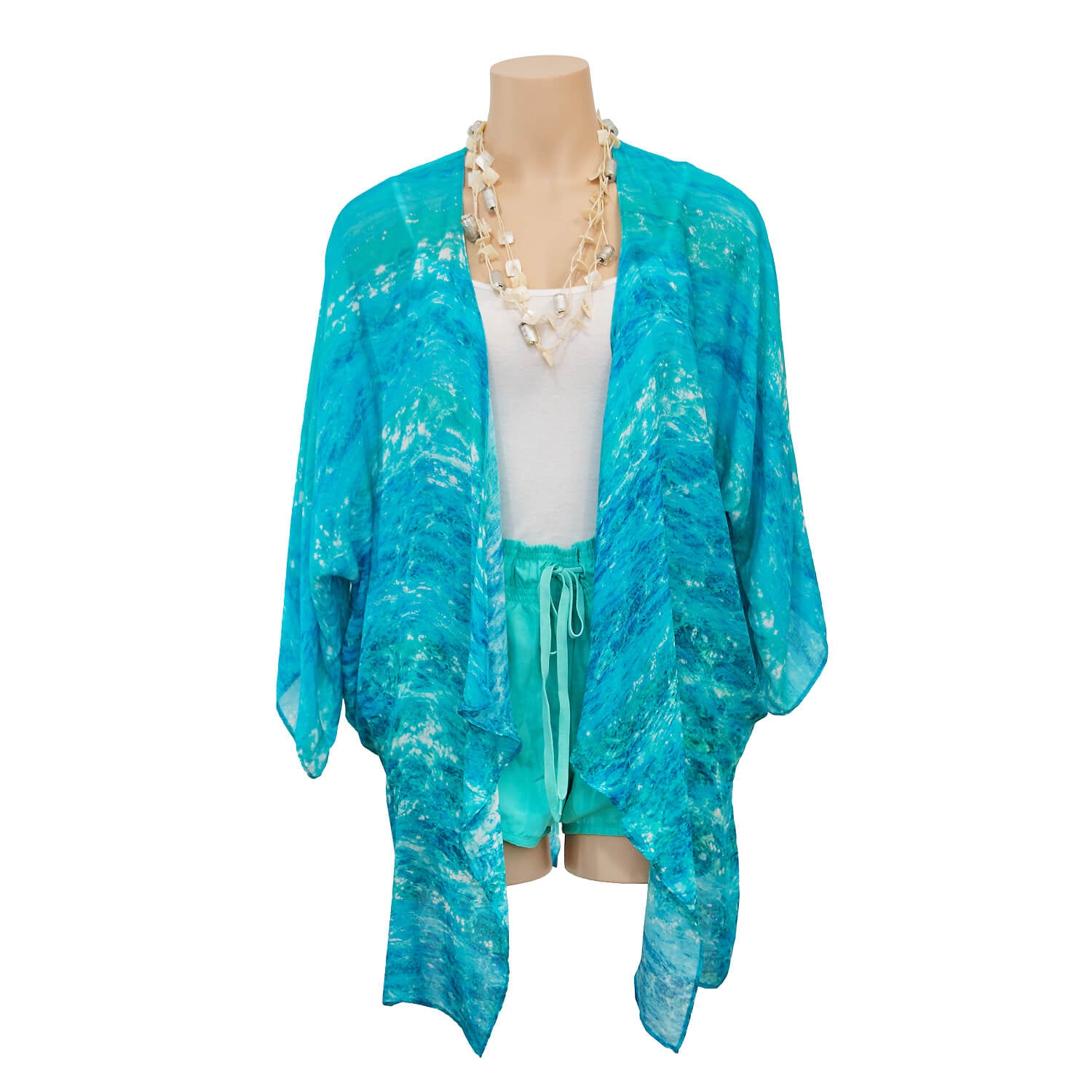 turquoise bay waterfall jacket coverup over aqua shorts by seahorse silks