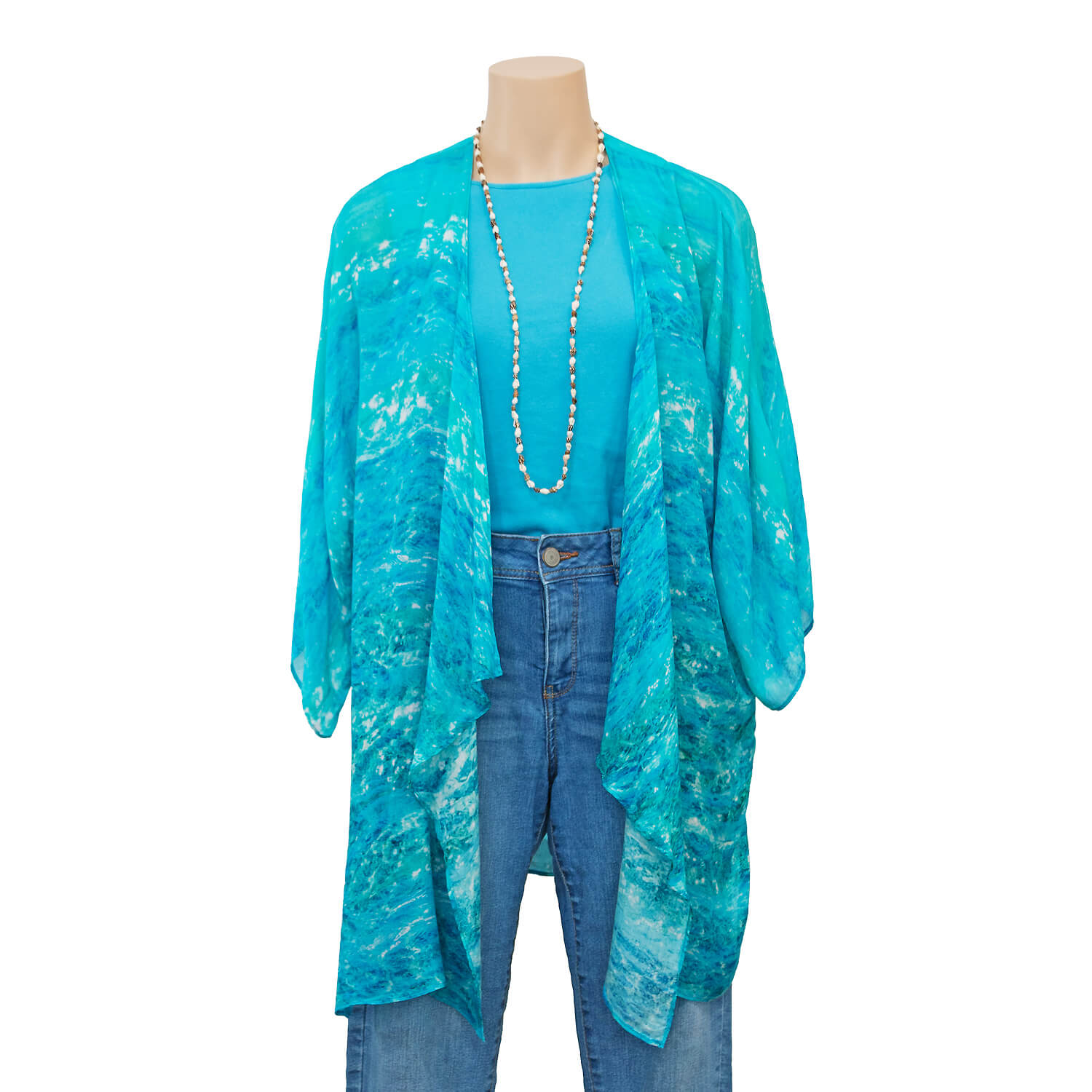turquoise bay waterfall jacket over aqua top and jeans by seahorse silks